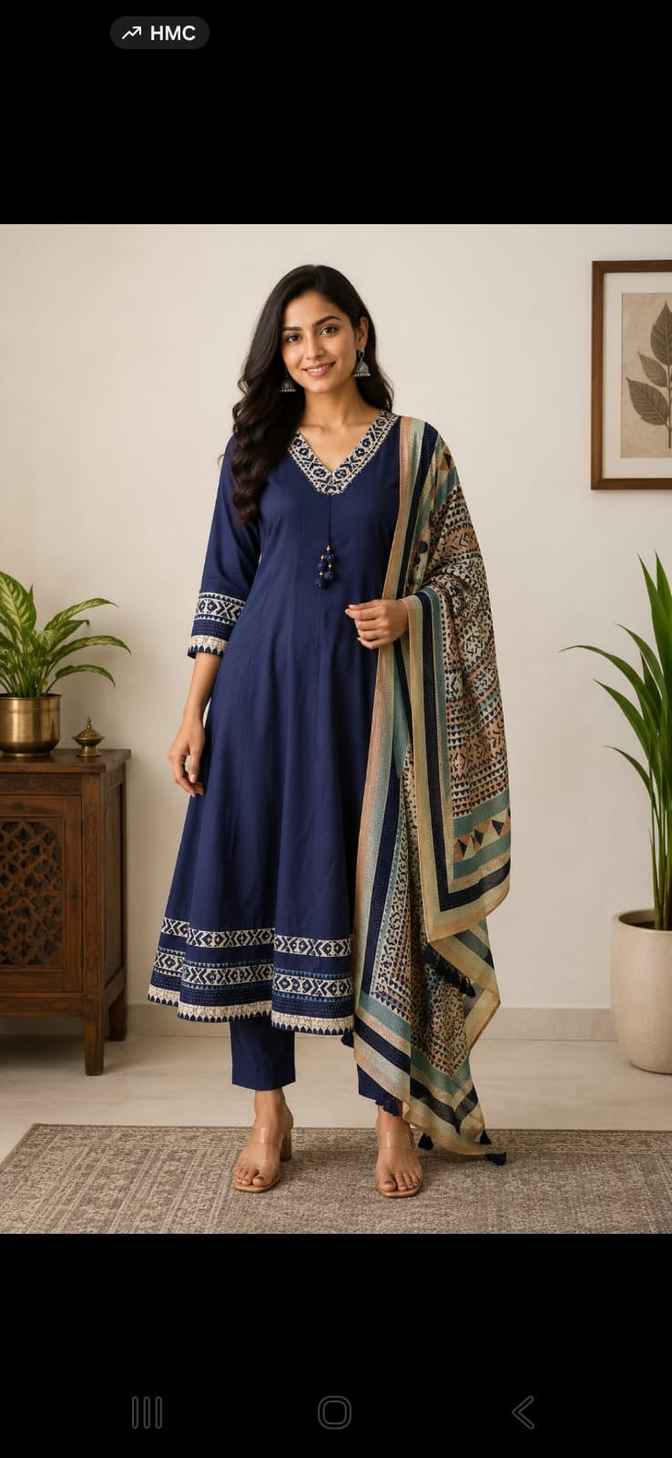 Blue Anarkali Pure Cotton A-line Kurti With Pant and Printed Dupatta-HSC129