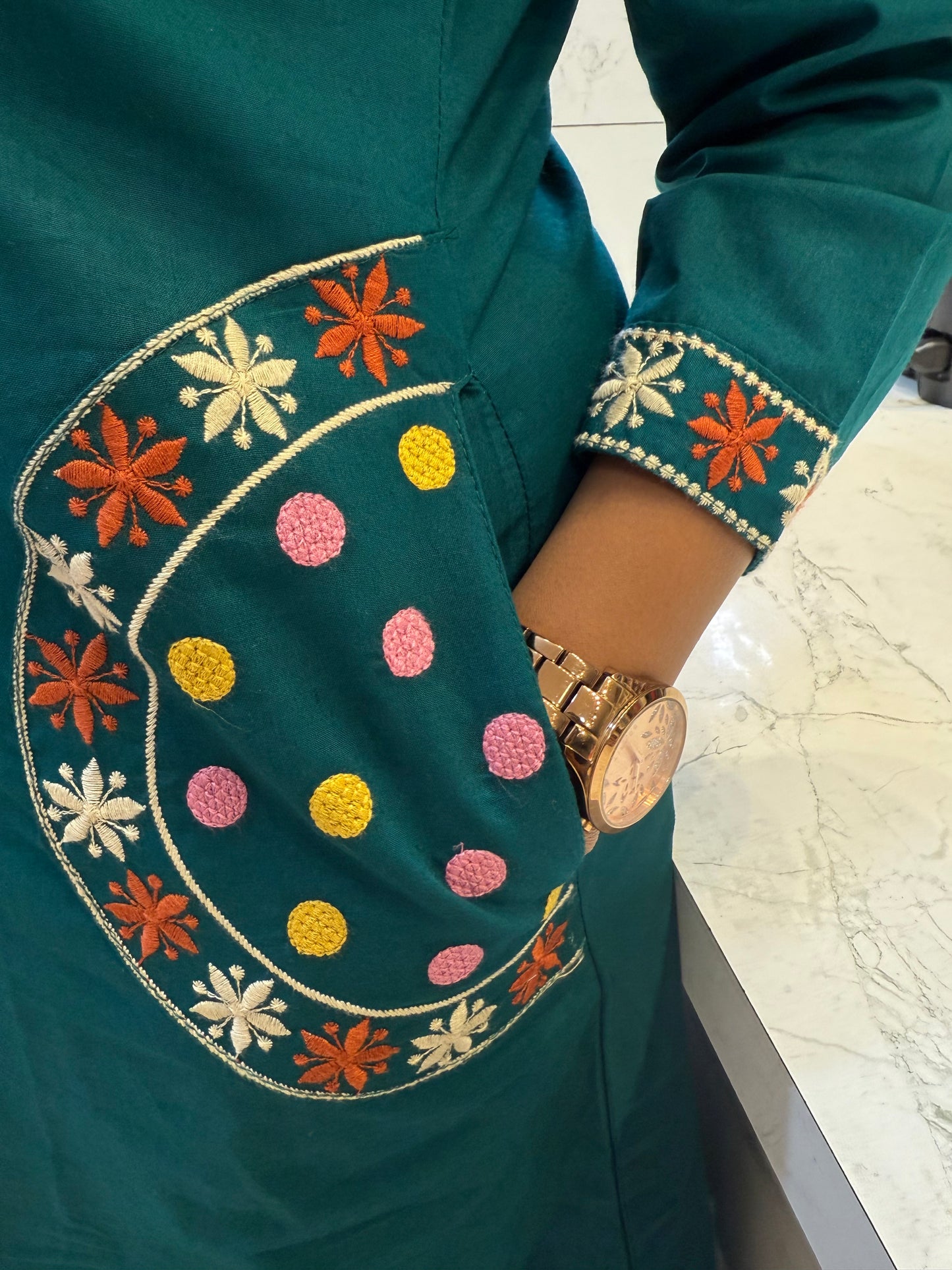 Teal Blue Two sides Pockets Embroidery Kurti With Pant