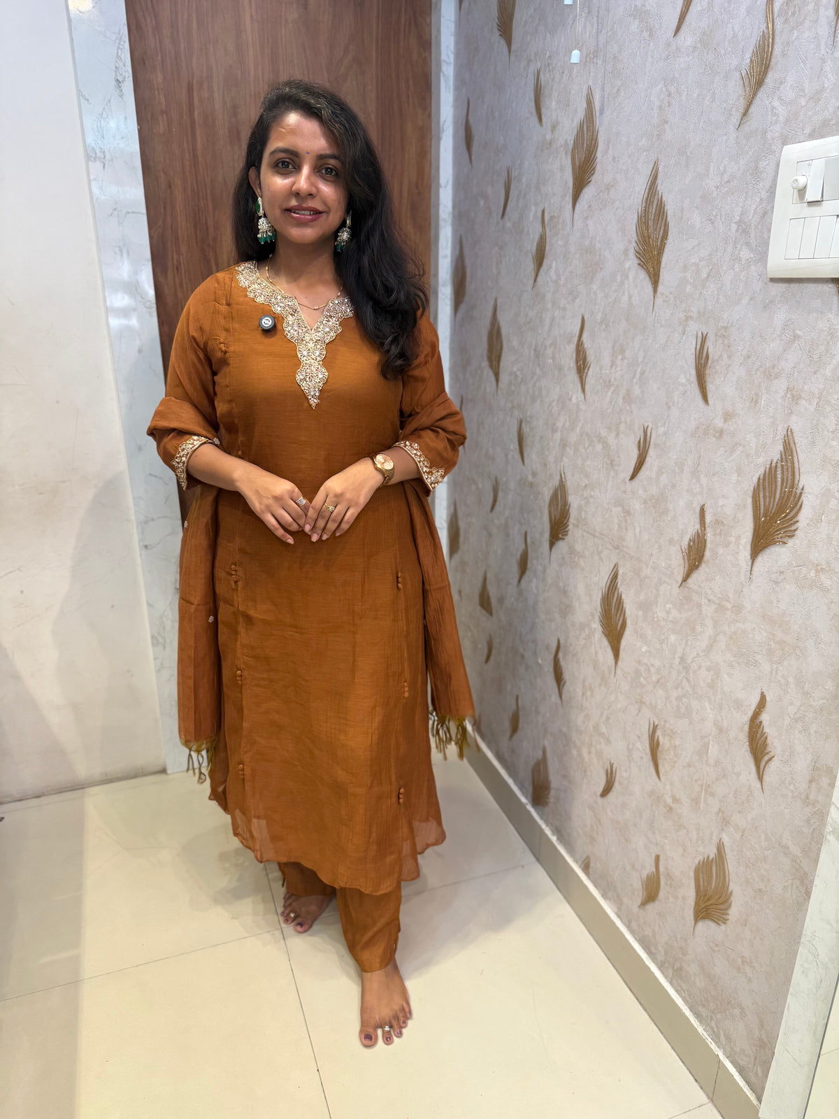 Brown Hand Embroidery Pure Banarasi Mul Chanderi Kurti With Pant and Dupatta -HSC1276