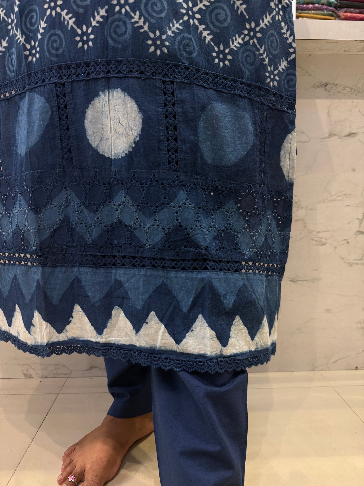 Indigo Block Printed Pure Cotton Kurti With Pant and Dupatta-HSC84