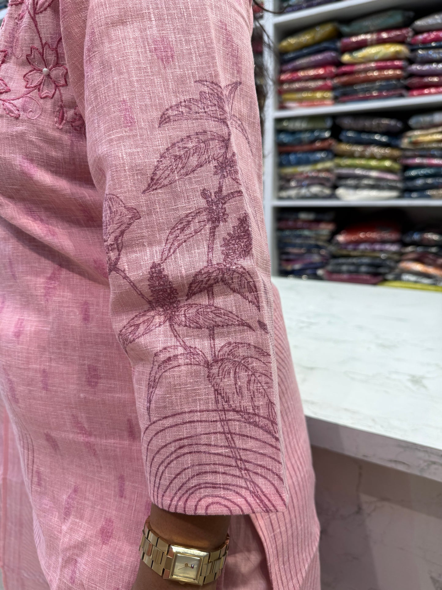 Pure Linen Pastel Pink Kurti With Pant and Dupatta-HSC75