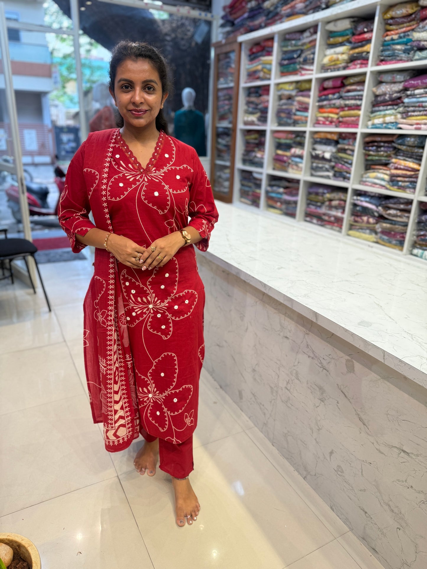 Red Floral Printed Pure Cotton Kurti With Pant and Dupatta-HSC122