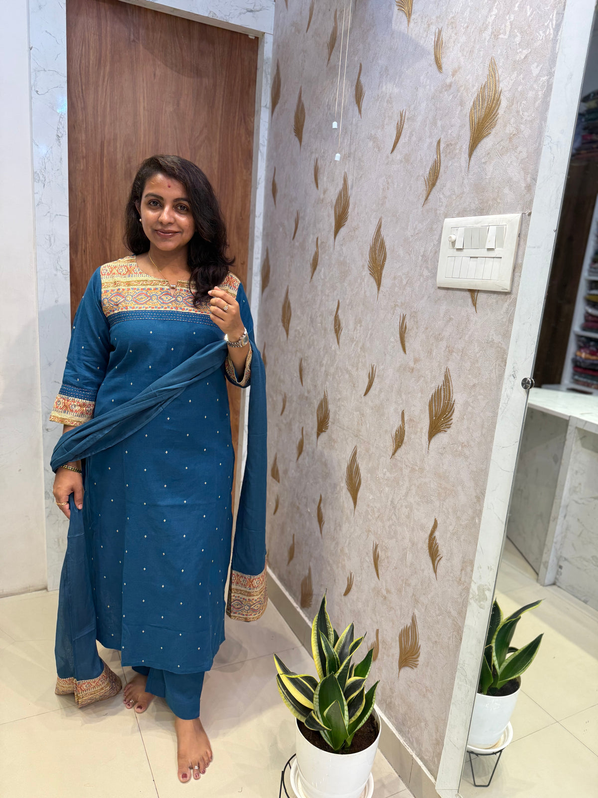 Kalamkari Pure Handloom Cotton Kurti With Pant and Dupatta -HSC1325