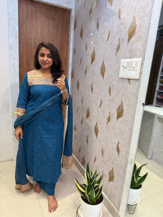 Kalamkari Pure Handloom Cotton Kurti With Pant and Dupatta -HSC1325