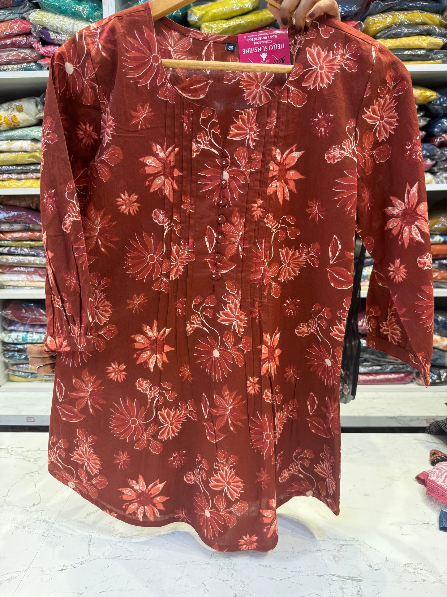 Floral Brown Cotton Tunic Top