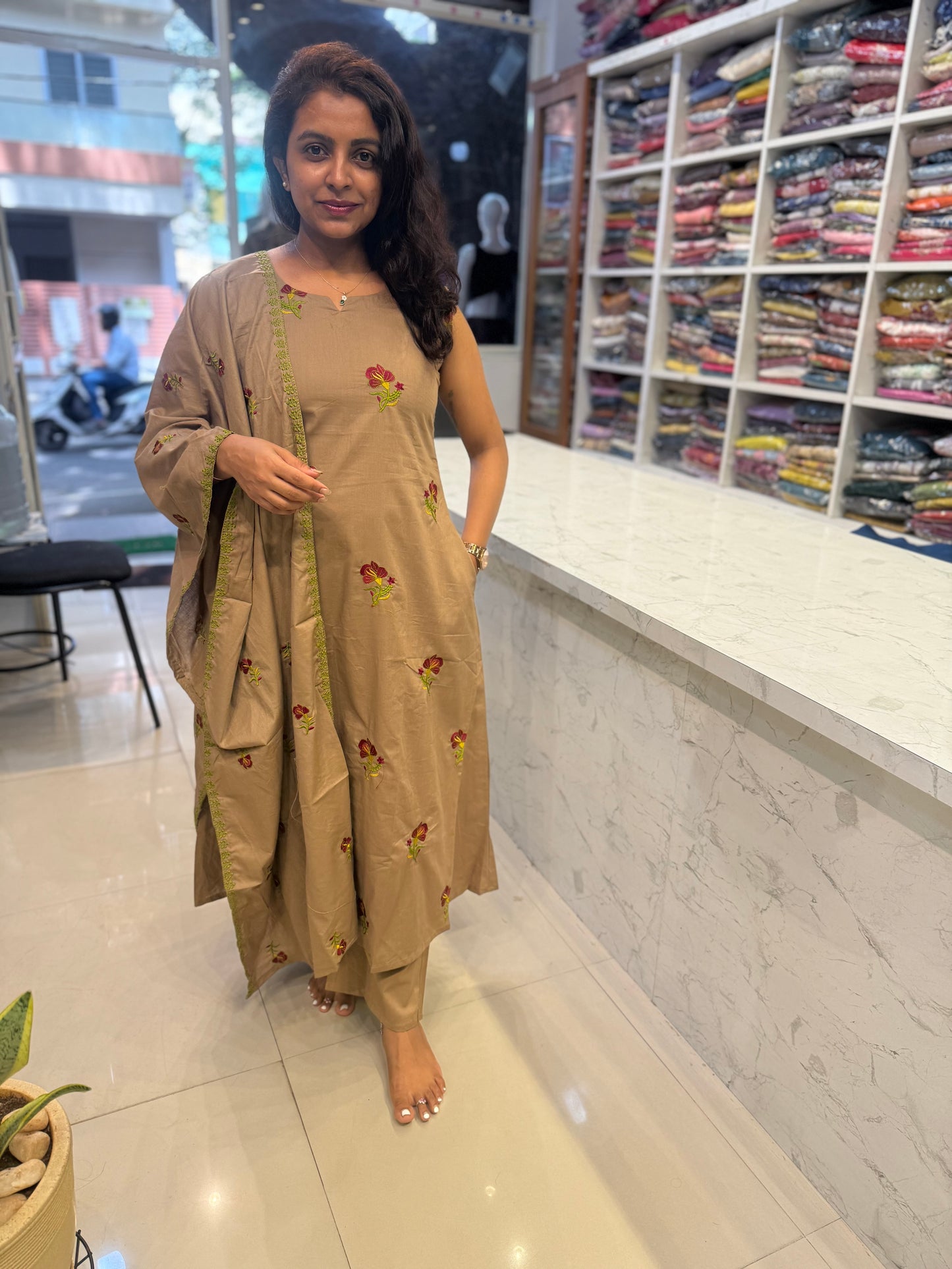 Khaki Pure Cotton Embroidered Kurti With Pant and Dupatta