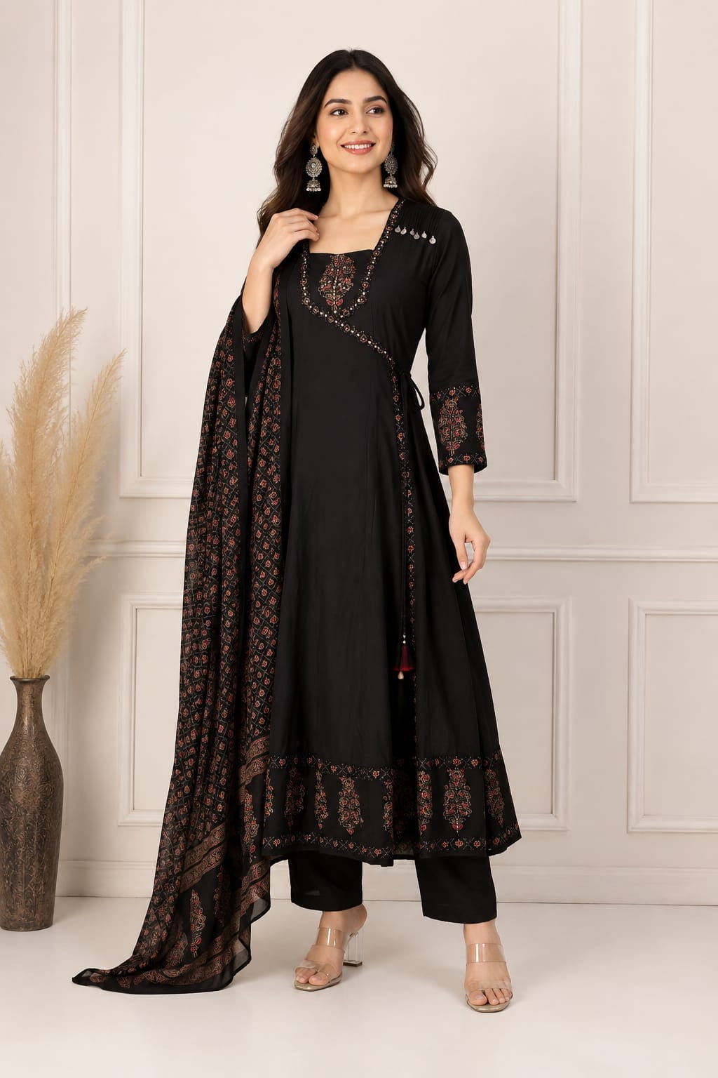 Black Pure Cotton A-line Kurti With Pant and Printed Dupatta -HSC1262