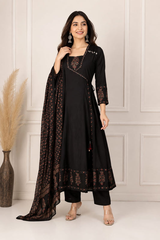 Black Pure Cotton A-line Kurti With Pant and Printed Dupatta -HSC1262