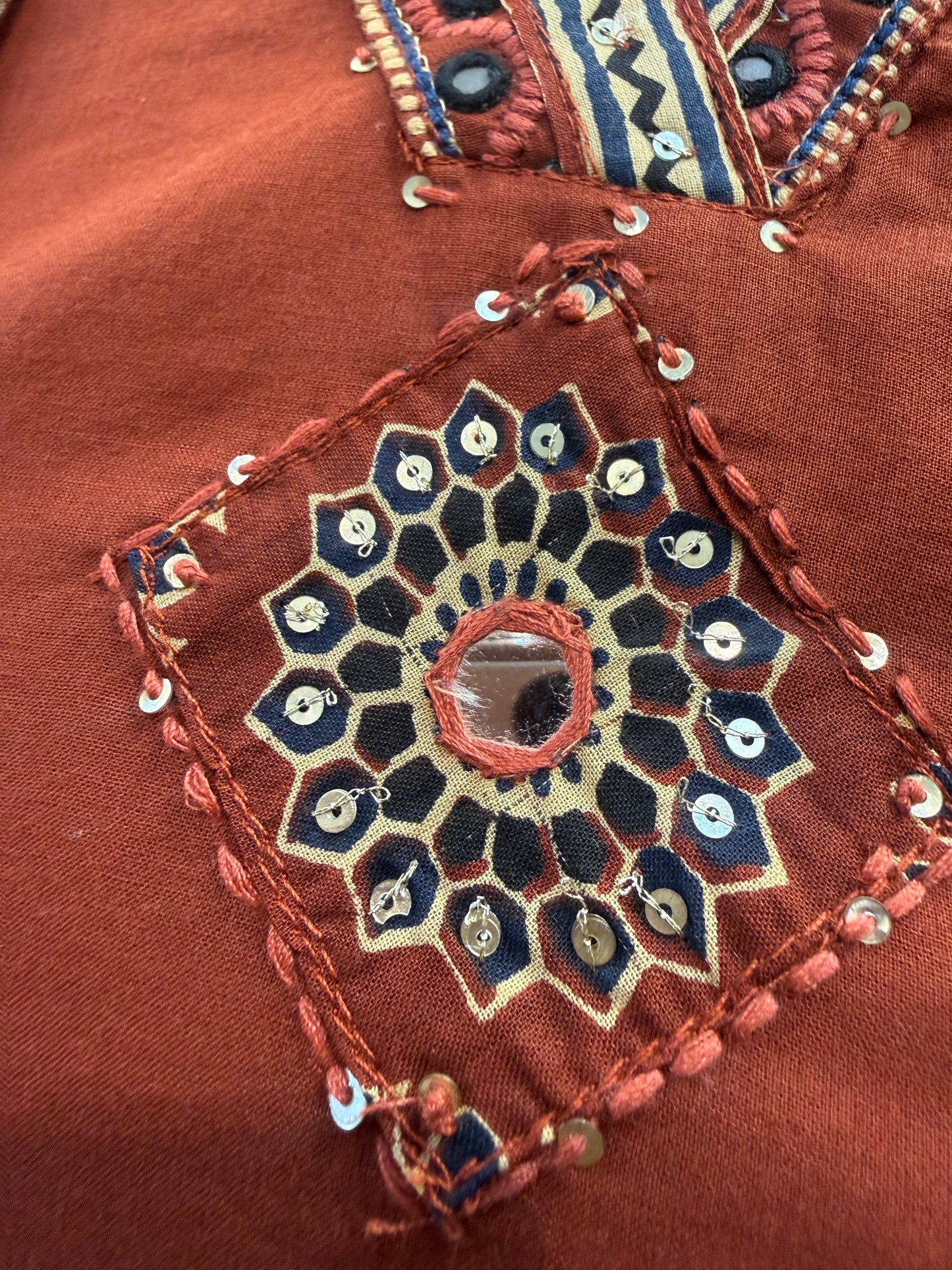 Two sides Pockets Brown Cotton Embroidered Kurti With Pant and Dupatta