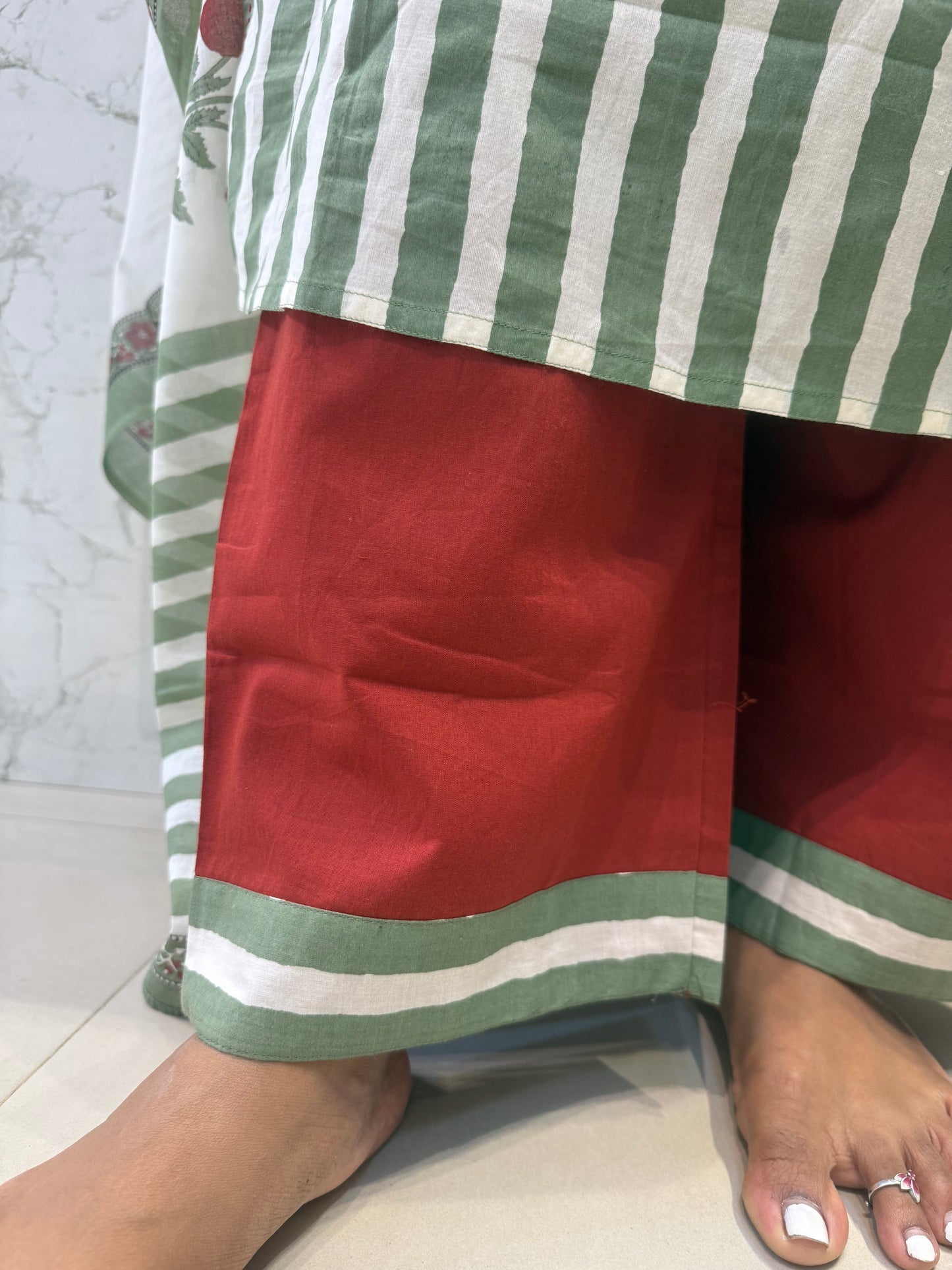 Sage Green Stripes Kurti With Marron Pant and Block Printed Dupatta