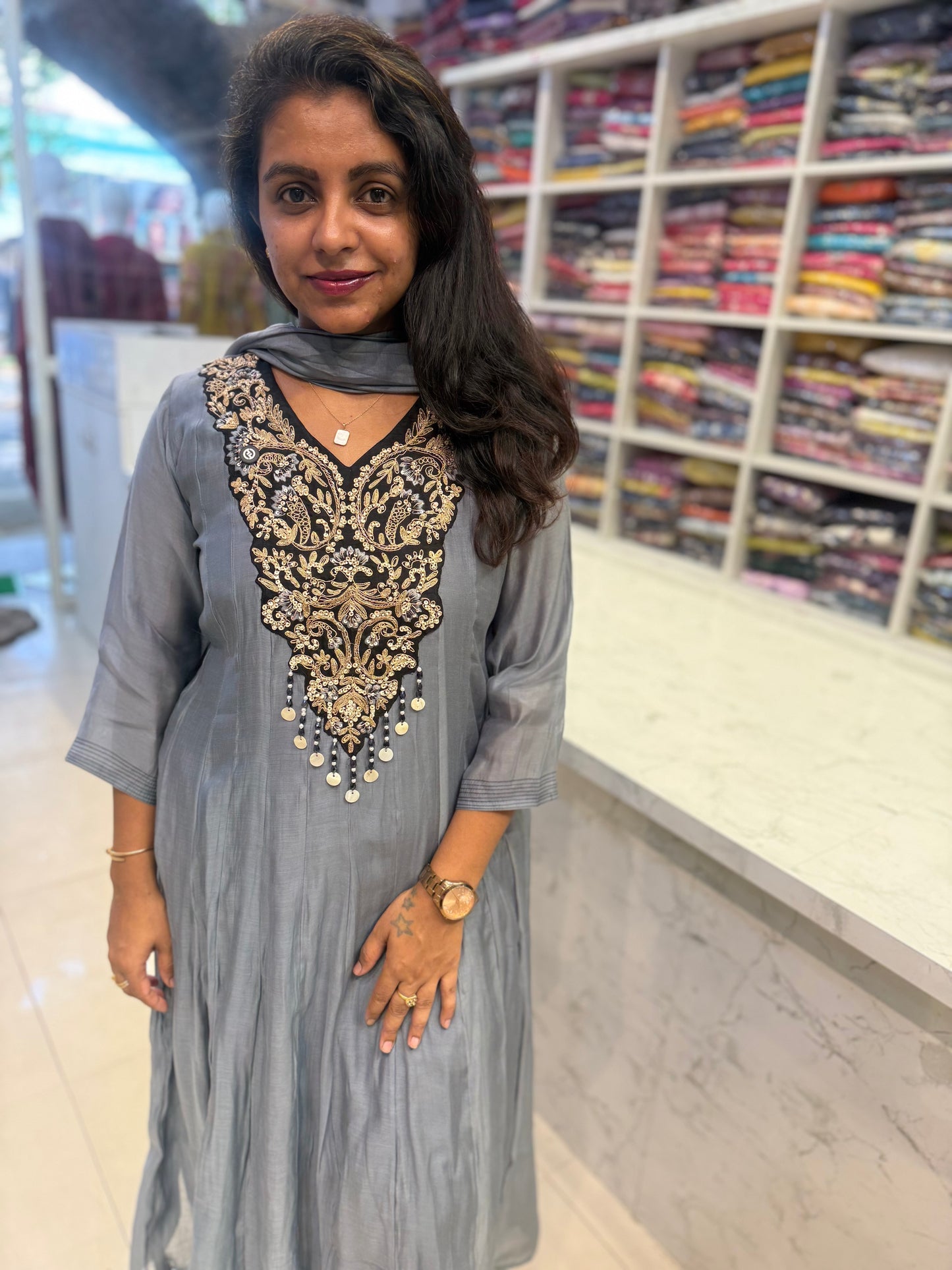 Grey Mul Chanderi Handwork A-line Kurti With Pant and Dupatta-HSC83