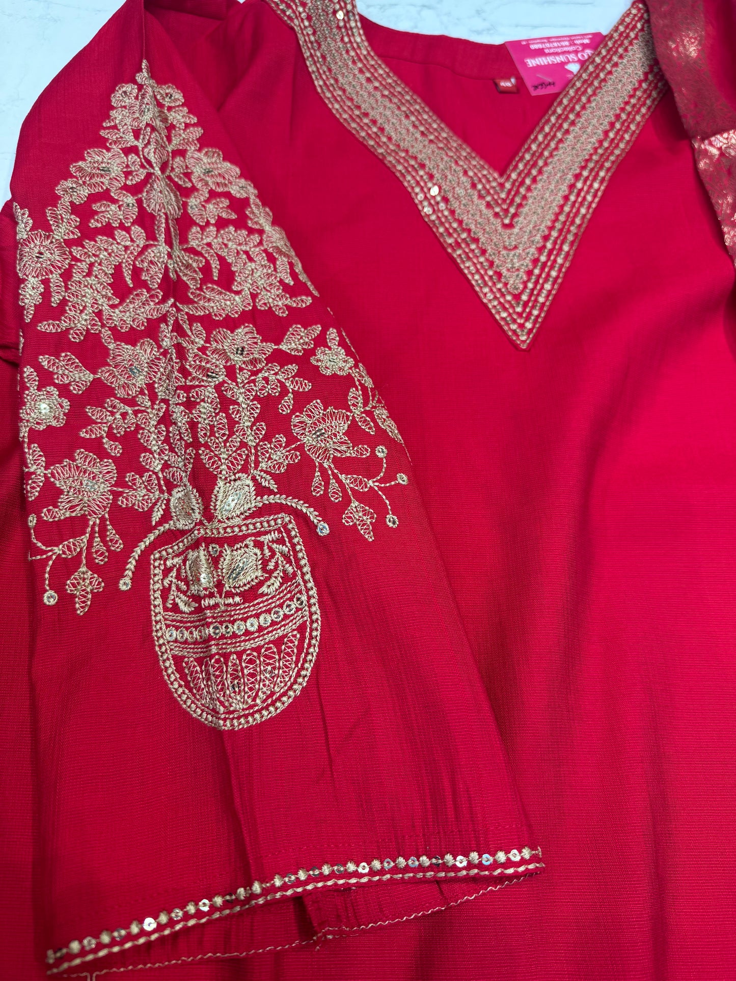 Red Roman Silk Kurti With pant and Dupatta
