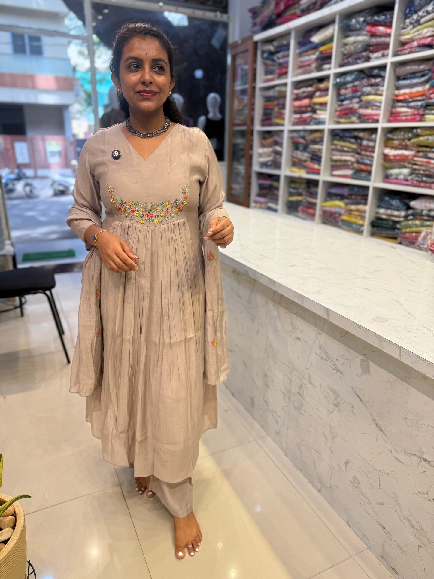 Grey Mul Chanderi Kurti With Pant and Dupatta