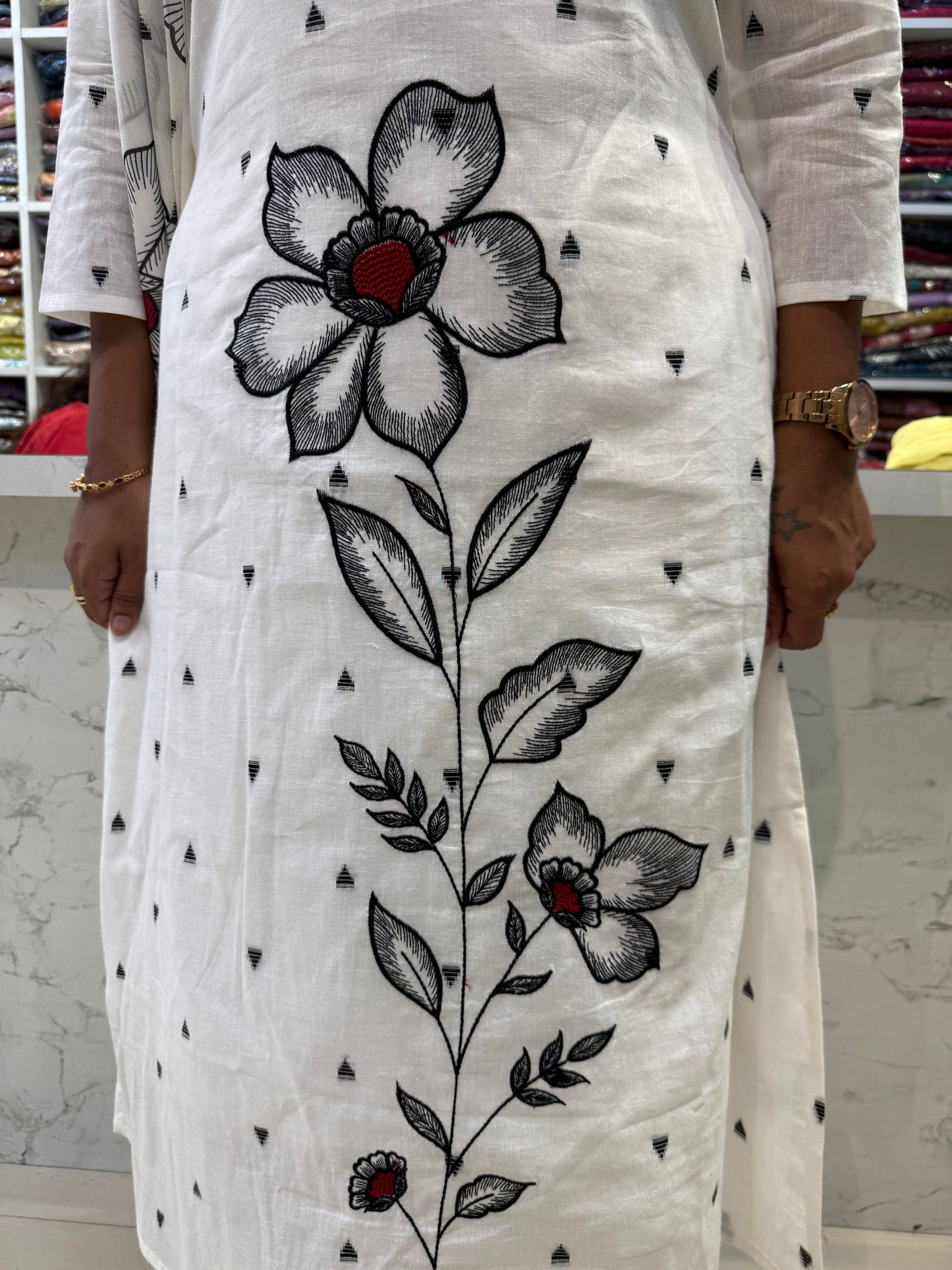 Pure White Embroidery Two Sides Pockets Kurti With Pant and Dupatta-HSC102