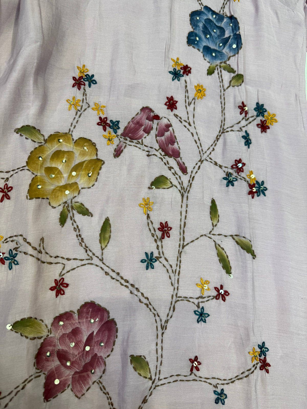 Brush Painted Lavender Hand Embroidery Pure Silk Kurti With Pant and Dupatta -HSC1240