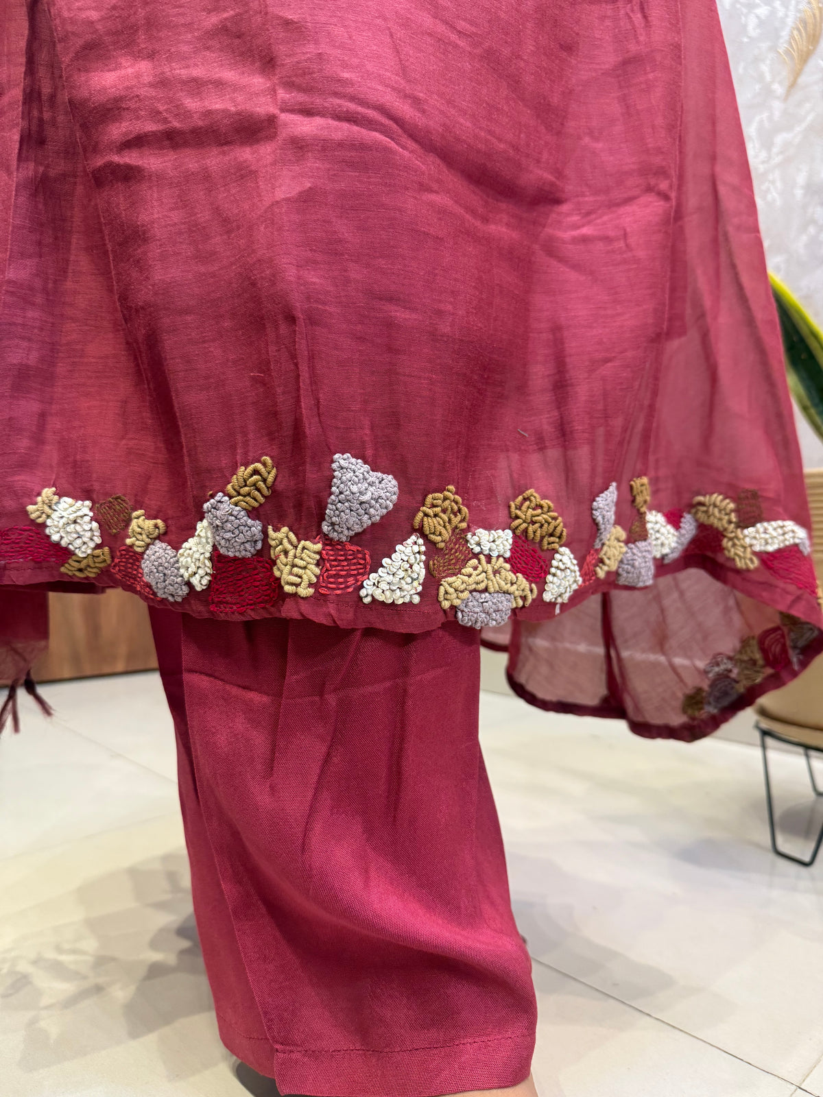 Pure Banarasi Mul Chanderi A-line Thread Embroidery Kurti With Pant and Dupatta -HSC1224