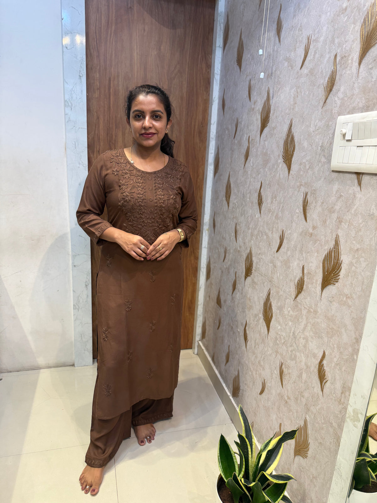 Brown Premium Rayon Embroidery Kurti With Pant -HSC1309