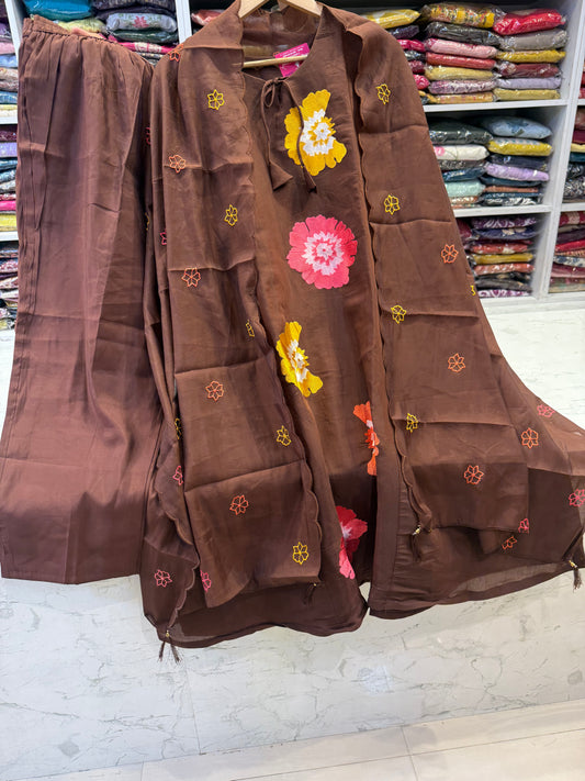 Brown Embroidery Kurti With Pant and Scallop Dupatta -HSC1271