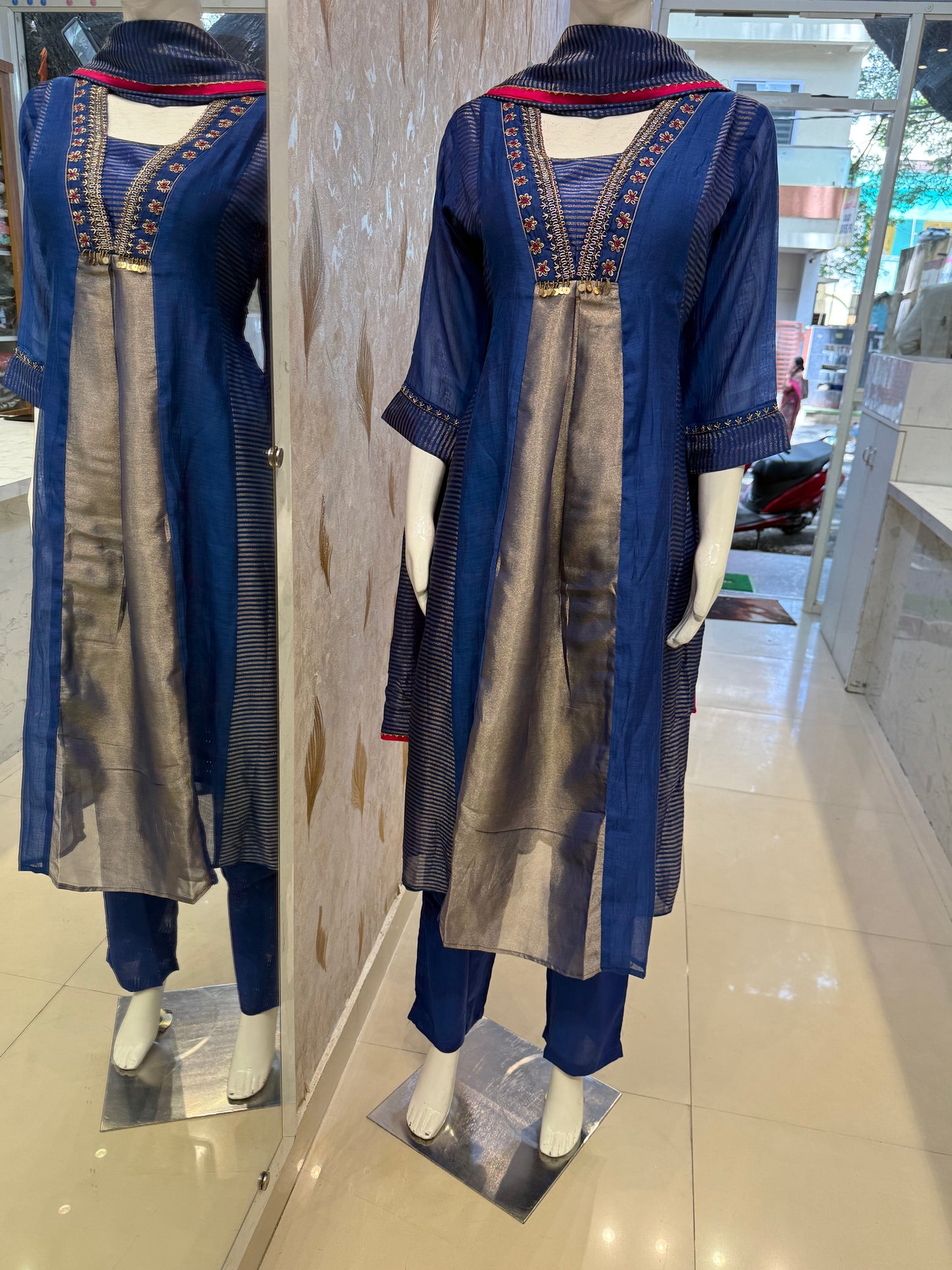 Blue Pure Banarasi Mul Chanderi A-line Kurti With Pant and Dupatta