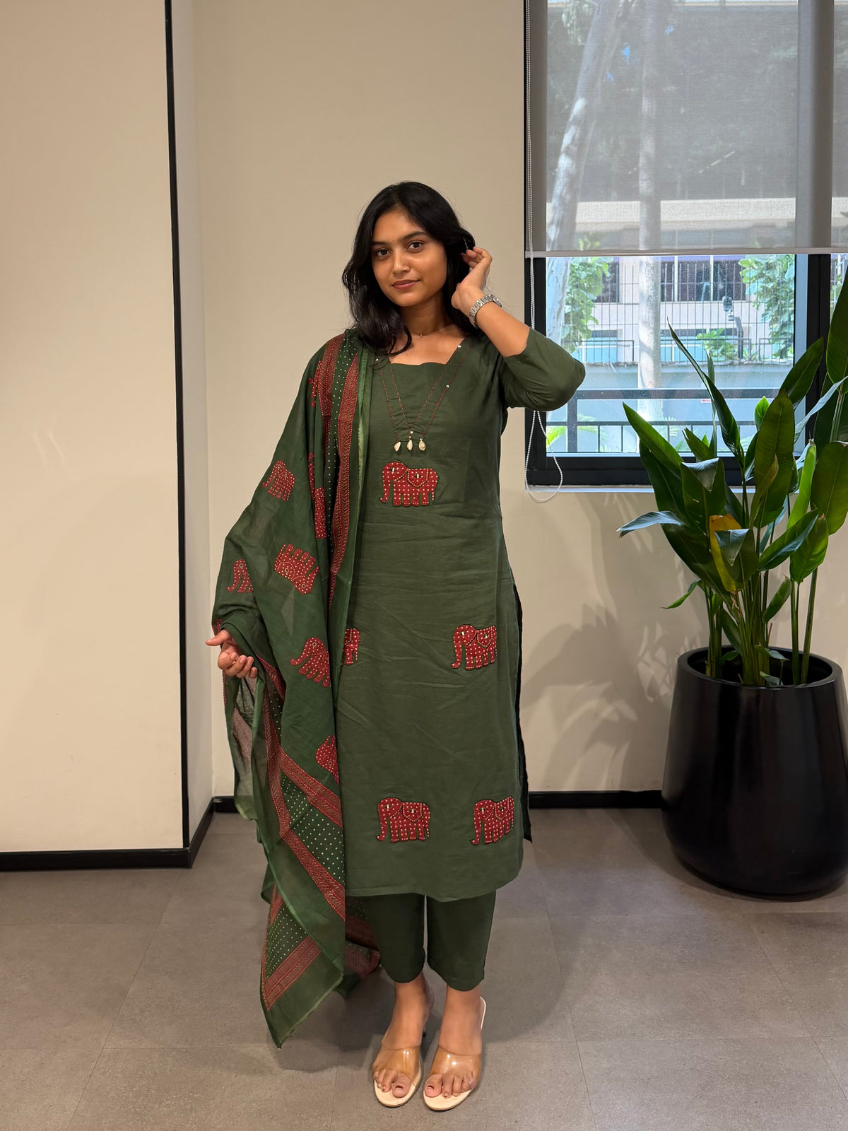 Pure Cotton Elephant Embroidery Kurti With Pant and Dupatta -HSC1230