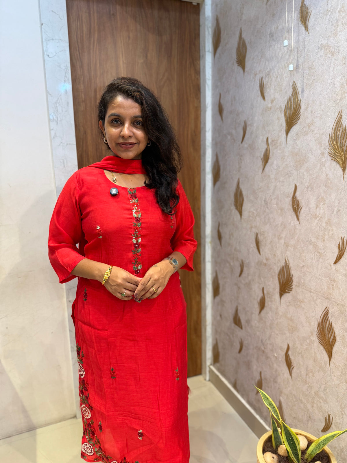 Red Hand Embroidery Pure Silk Kurti With Pant and Dupatta -HSC1240