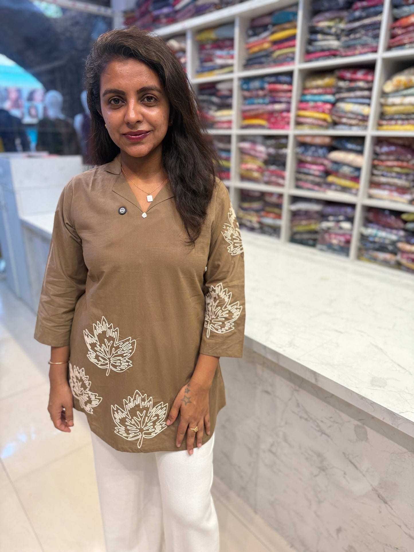 Tan Cotton Dori Embroidery Tunics Top