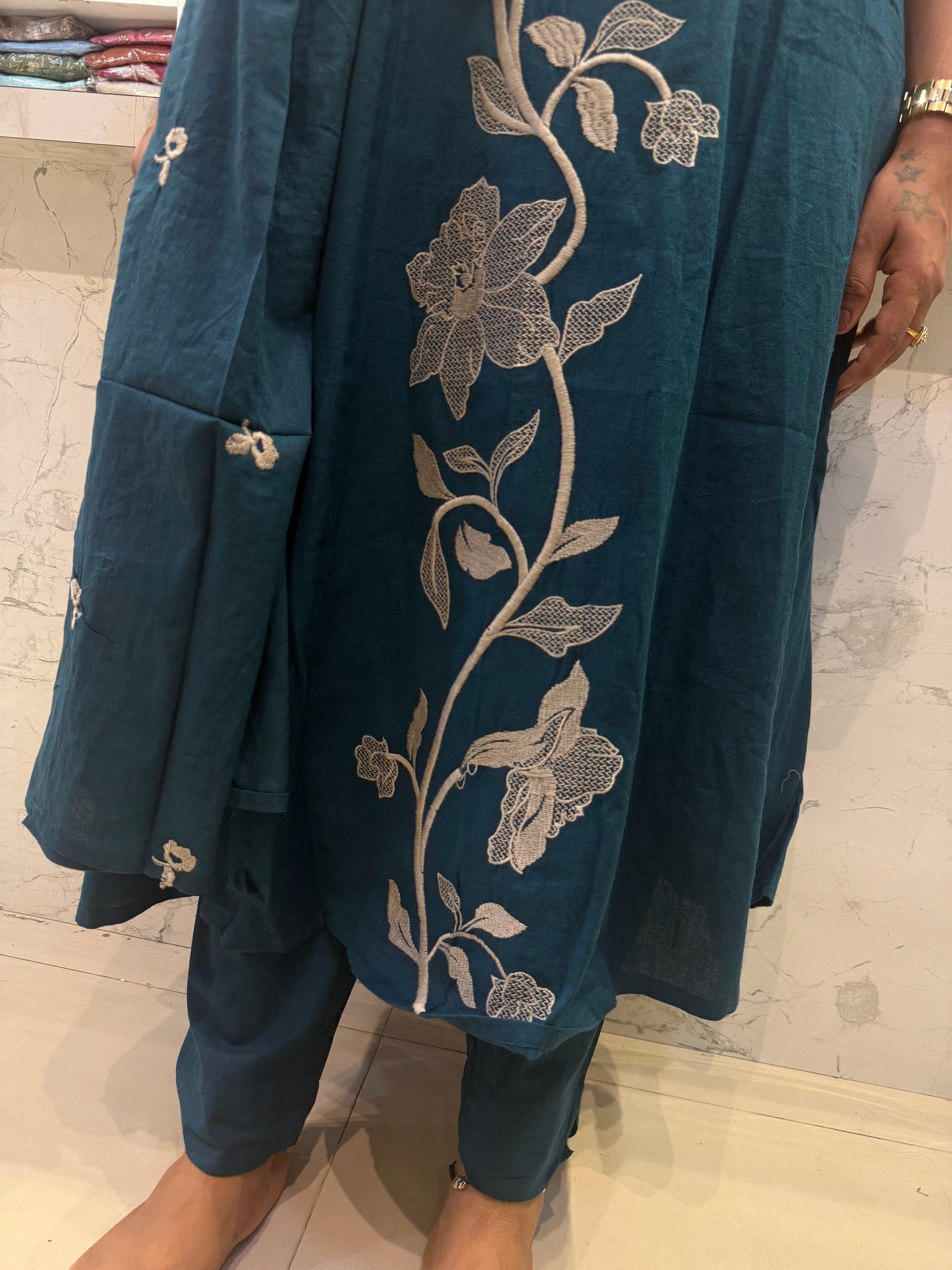 Teal Blue Cotton Flex Kurti With Pant and Dupatta