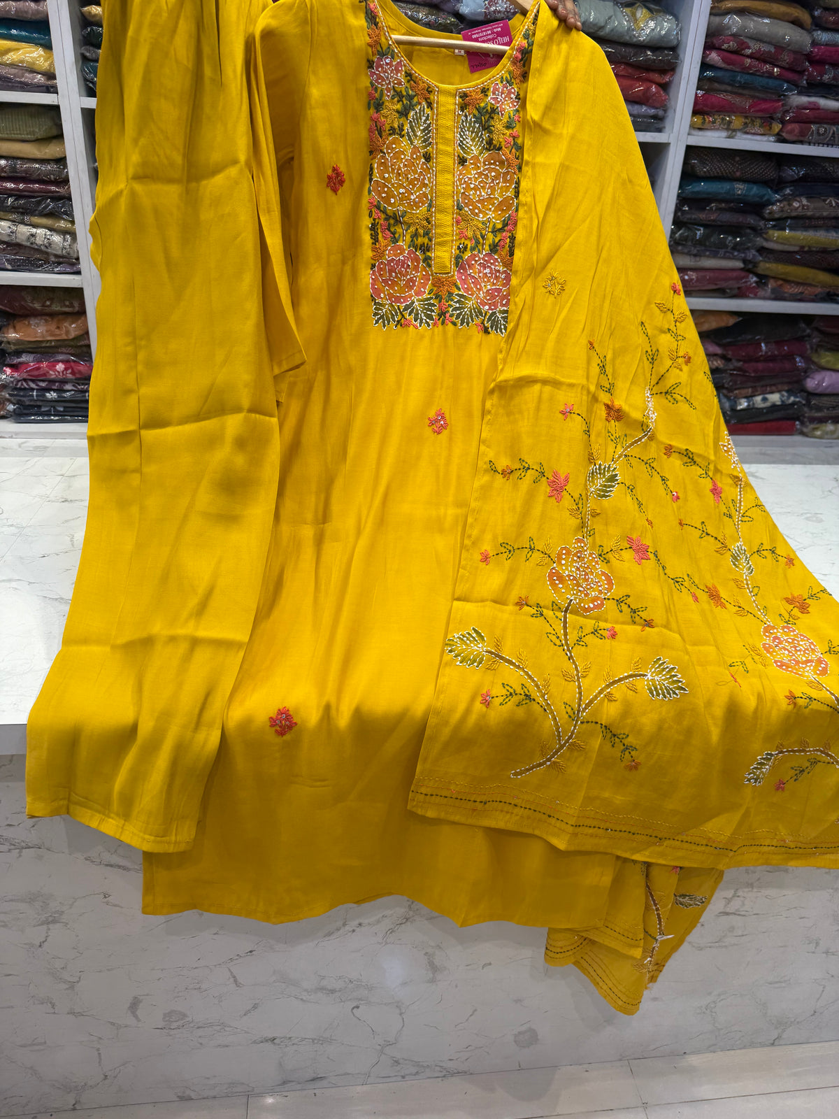 Yellow Embroidery Thread Work Kurti With Pant and Dupatta -HSC1236
