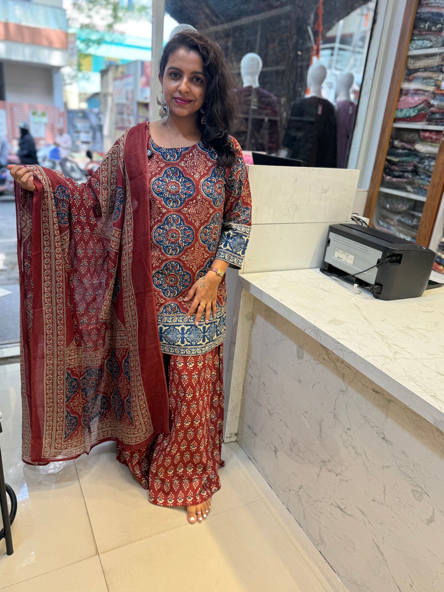 Ajark Pure Cotton Divider Cut Pant With Kurti and Dupatta-HSC159