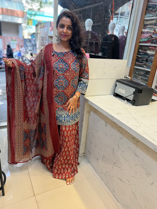 Ajark Pure Cotton Divider Cut Pant With Kurti and Dupatta-HSC159