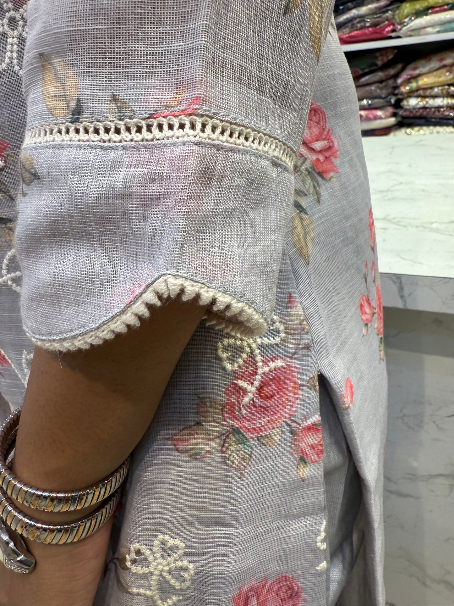 Pure Linen Katha Kurti With Pant and Dupatta