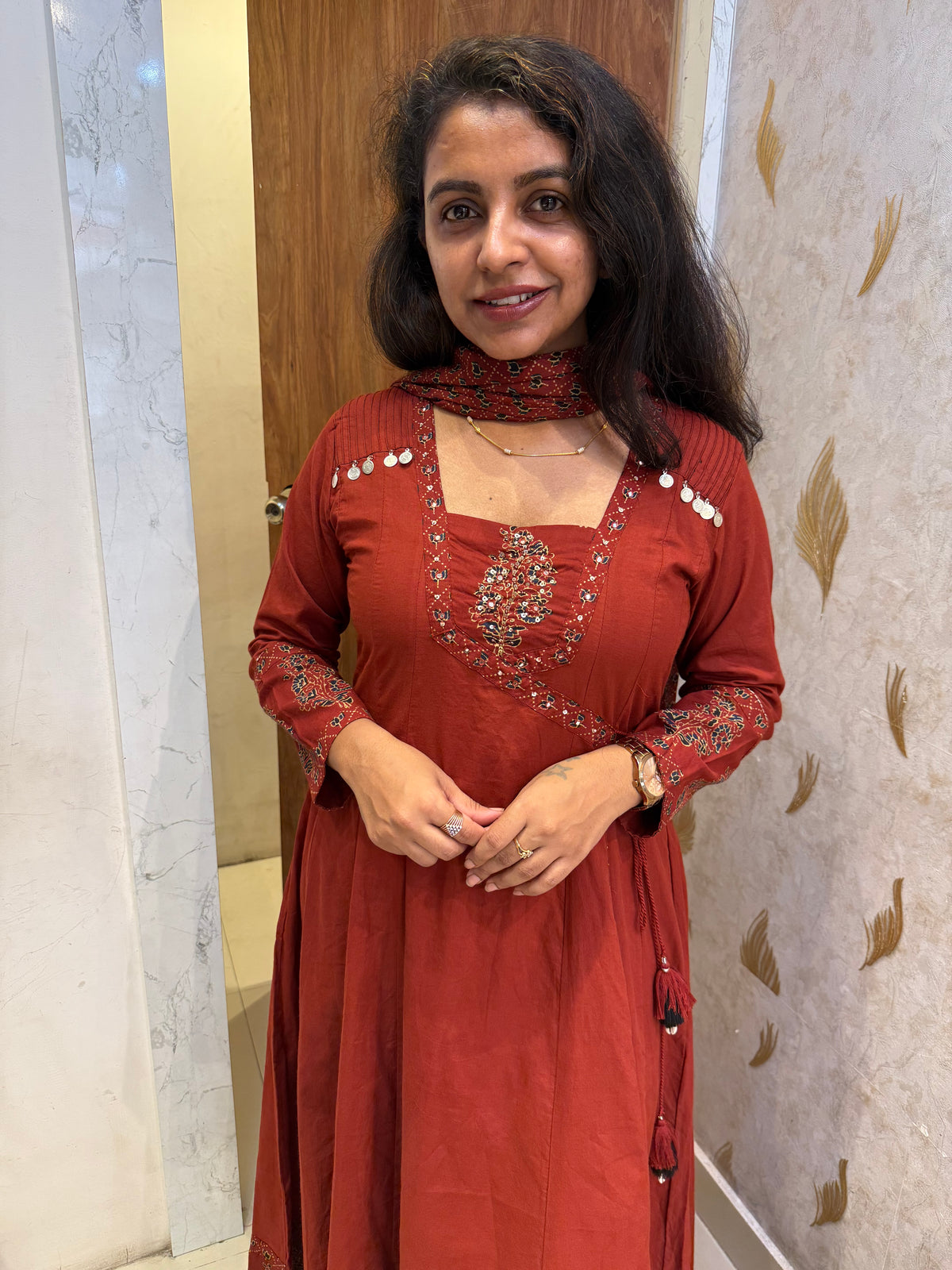 Marron Pure Cotton A-line Kurti With Pant and Printed Dupatta -HSC1262