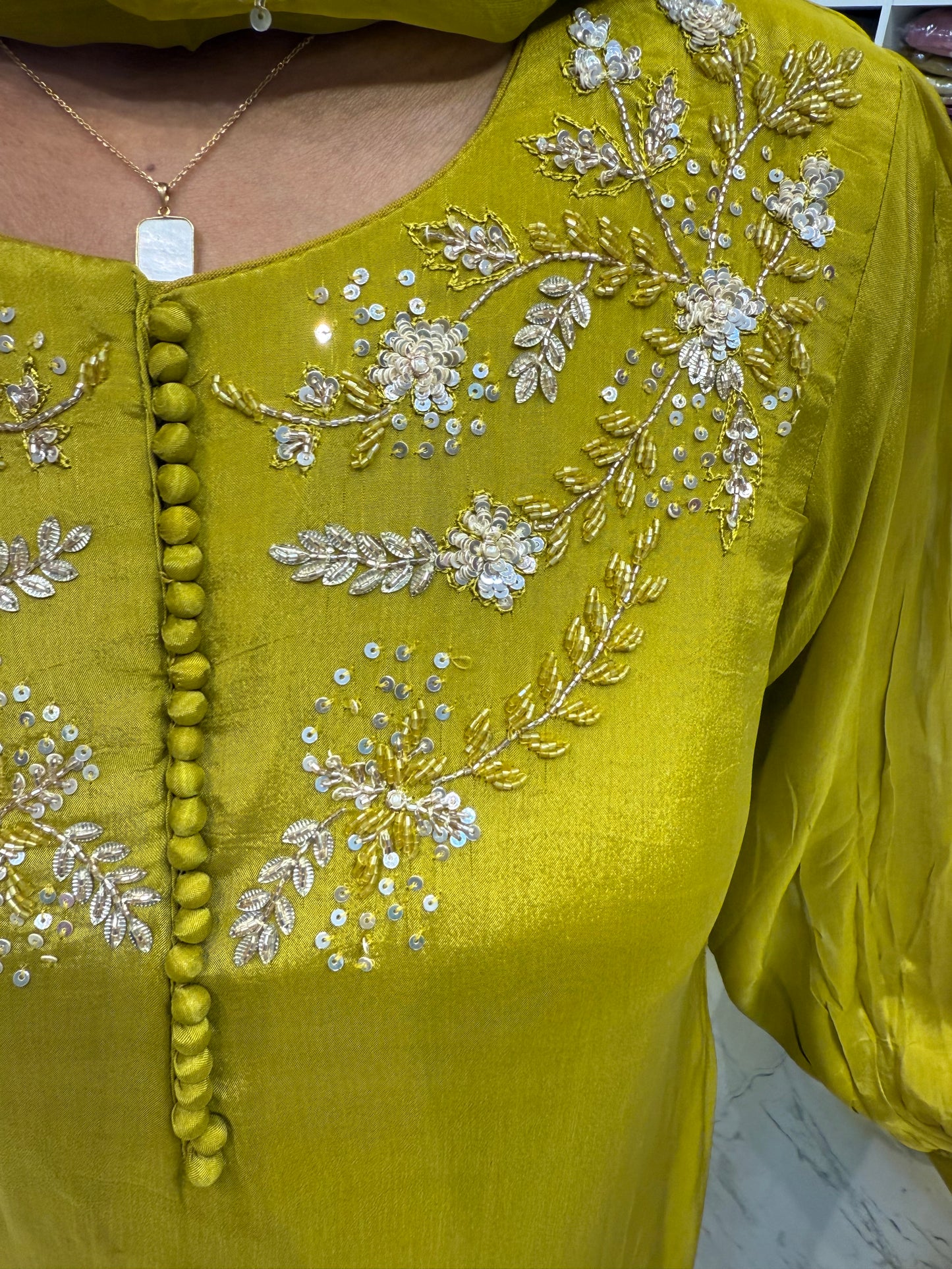 Green Pure Chinnon Handwork Kurti With Pant and Dupatta-HSC37