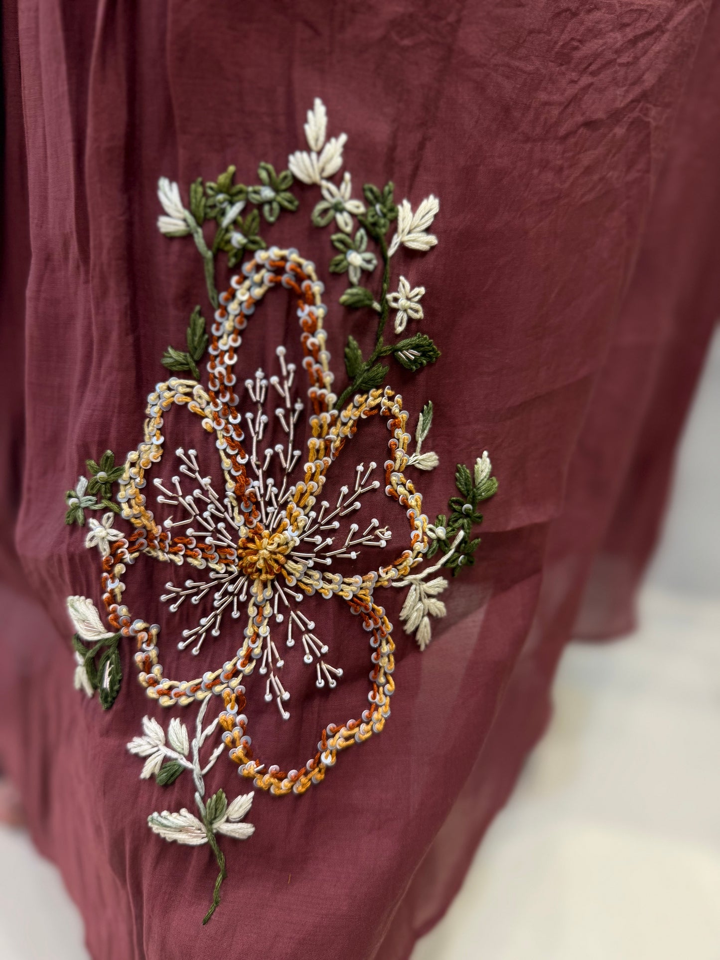 Mauve Brown Pure Mul Chanderi Hand Embroidered Kurti with Pant and Dupatta-HSC77