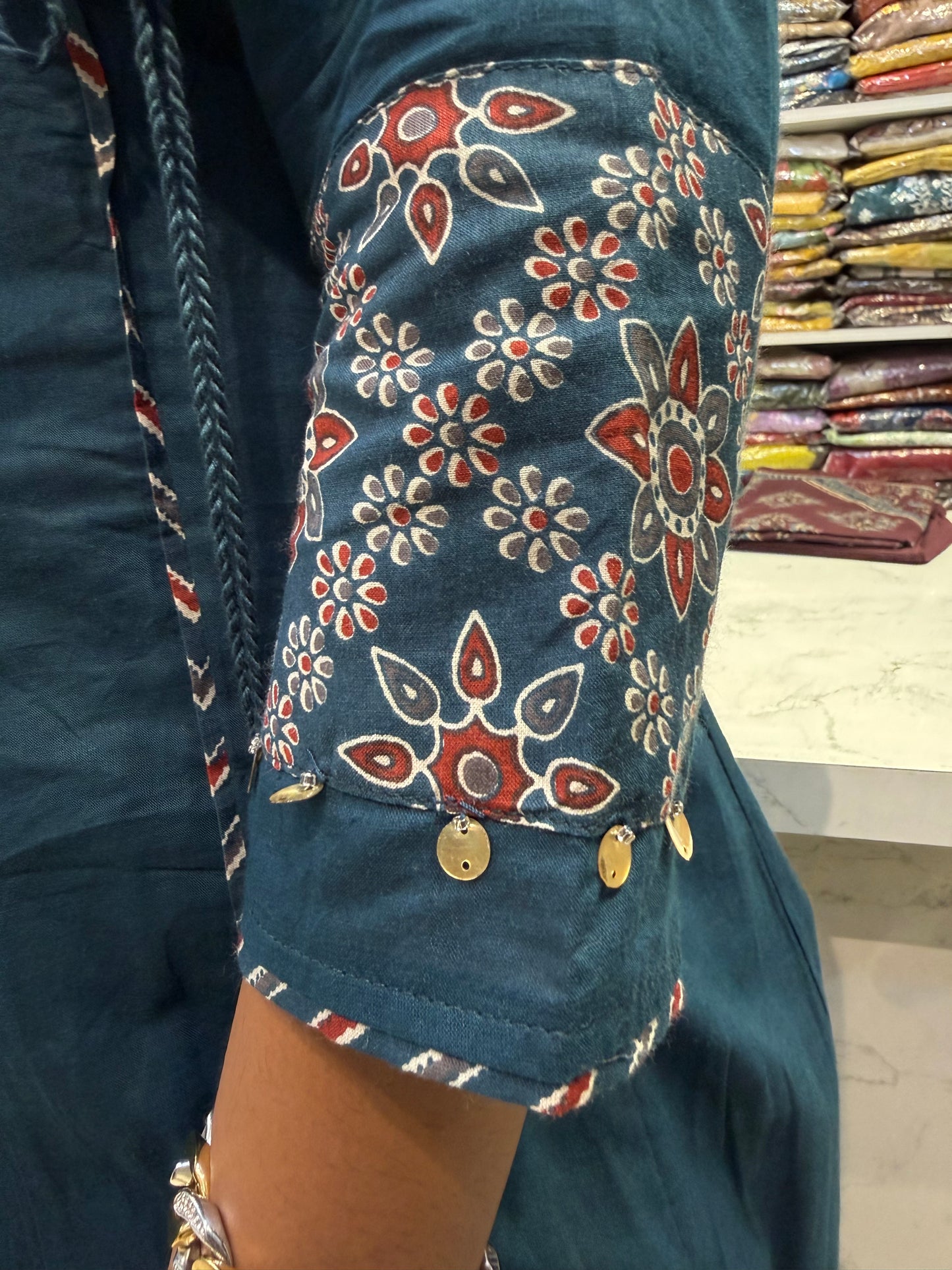 Blue Shoulder Anarkali Pure Cotton Hand Embroidery Kurti With Pant and Dupatta-HSC165