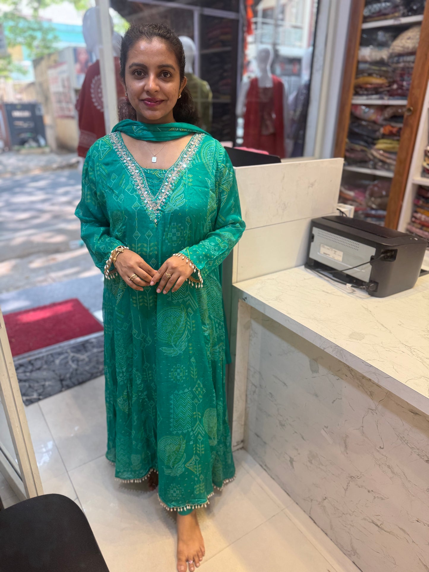 Pure Chinnon Green A-line printed Kurti With Pant and Dupatta-HSC44