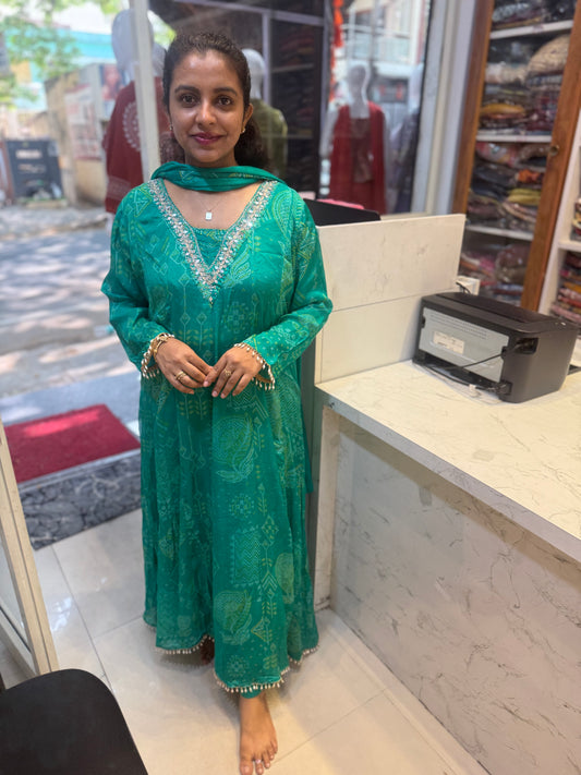 Pure Chinnon Green A-line printed Kurti With Pant and Dupatta-HSC44