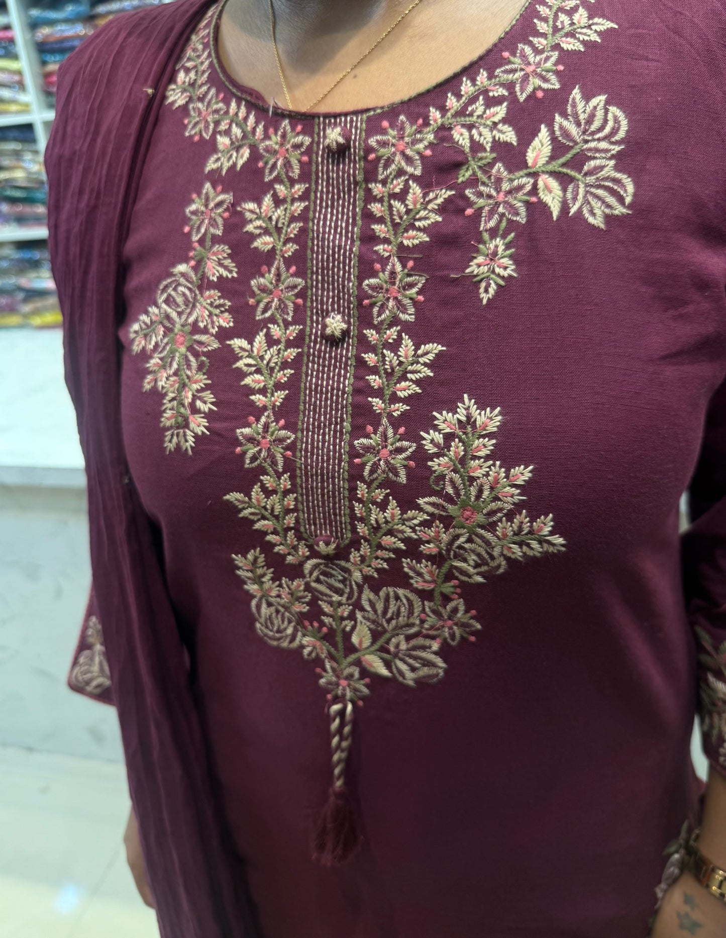 Dark Magenta Embroidery CutWork in Kurti With Pant and Dupatta-HSC155