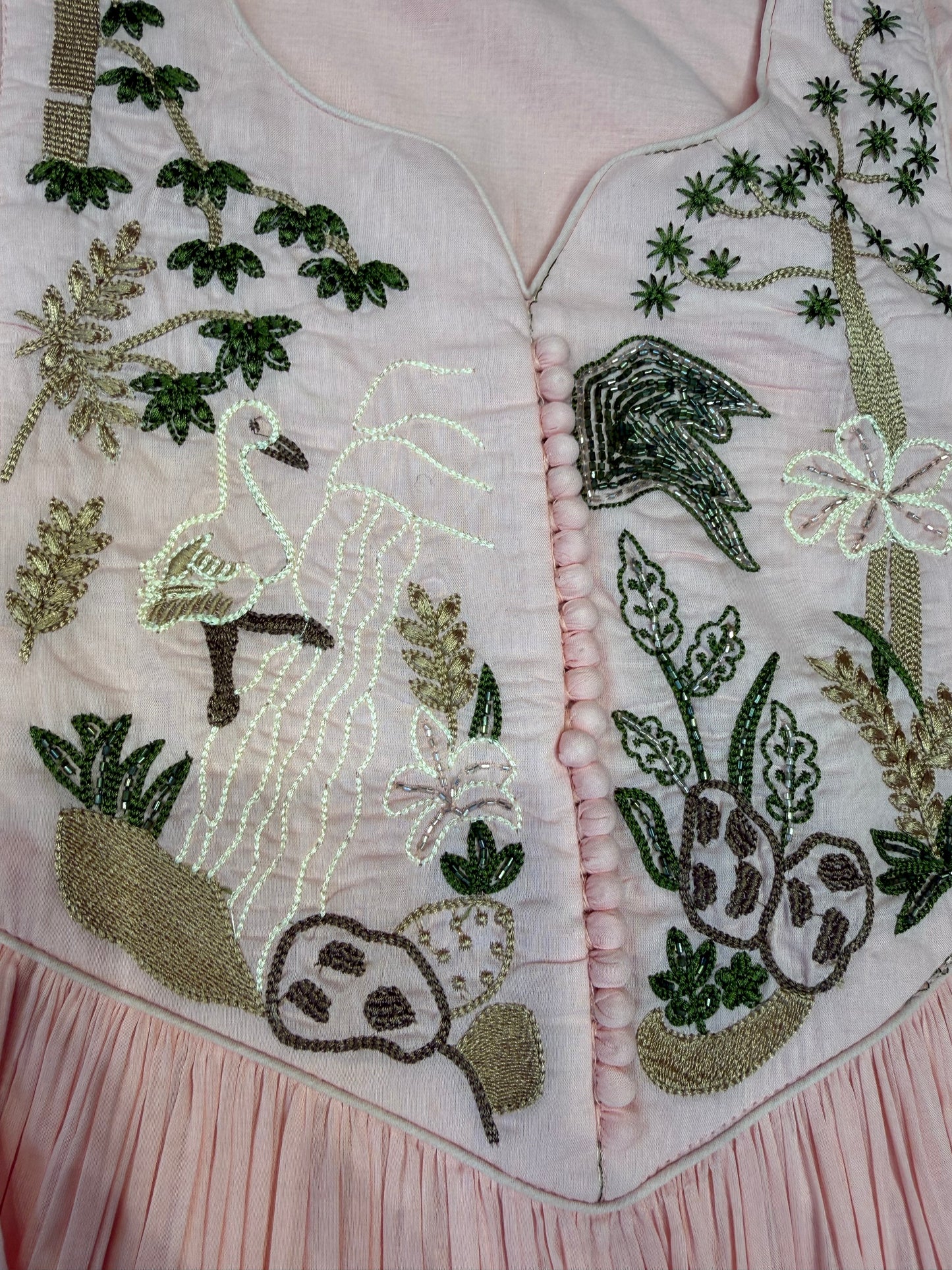 Designer wear Baby Pink Mul Cotton Hand Embroidery A-line Kurti With Pant and Dupatta-HSC94