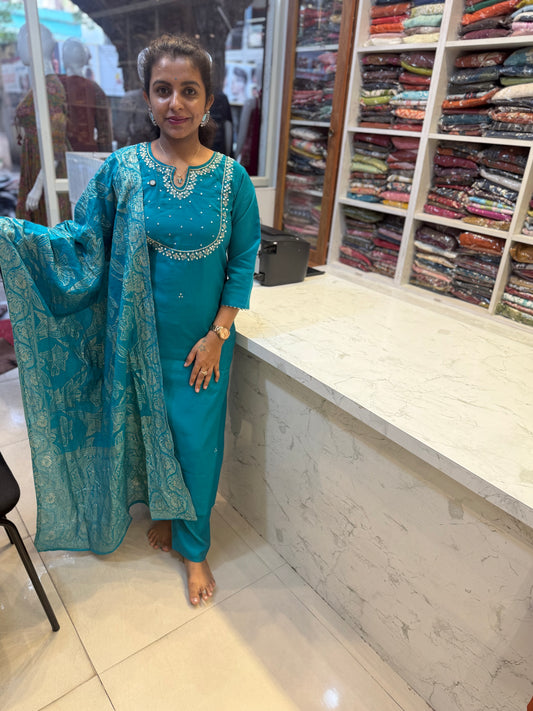 Hand Work Roman Silk Kurti With Pant and Jaqucard Dupatta