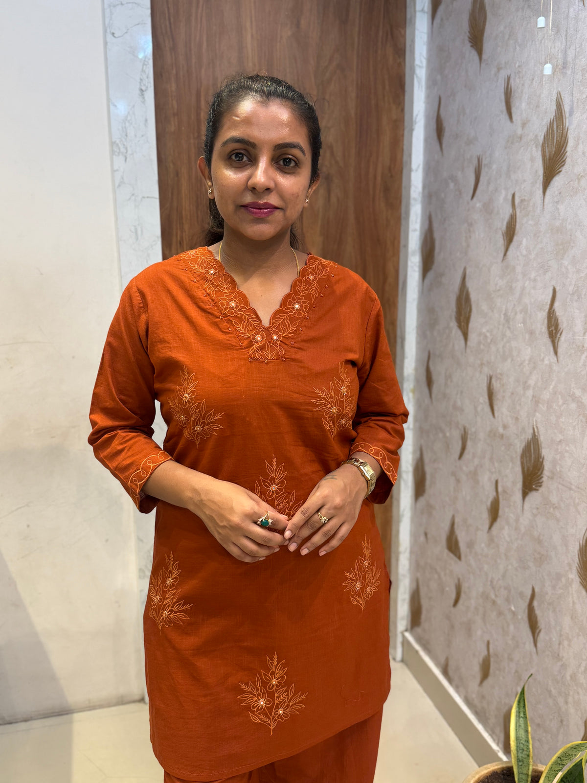 Rust Embroidery Pure Cotton Kurti With Pant -HSC1246