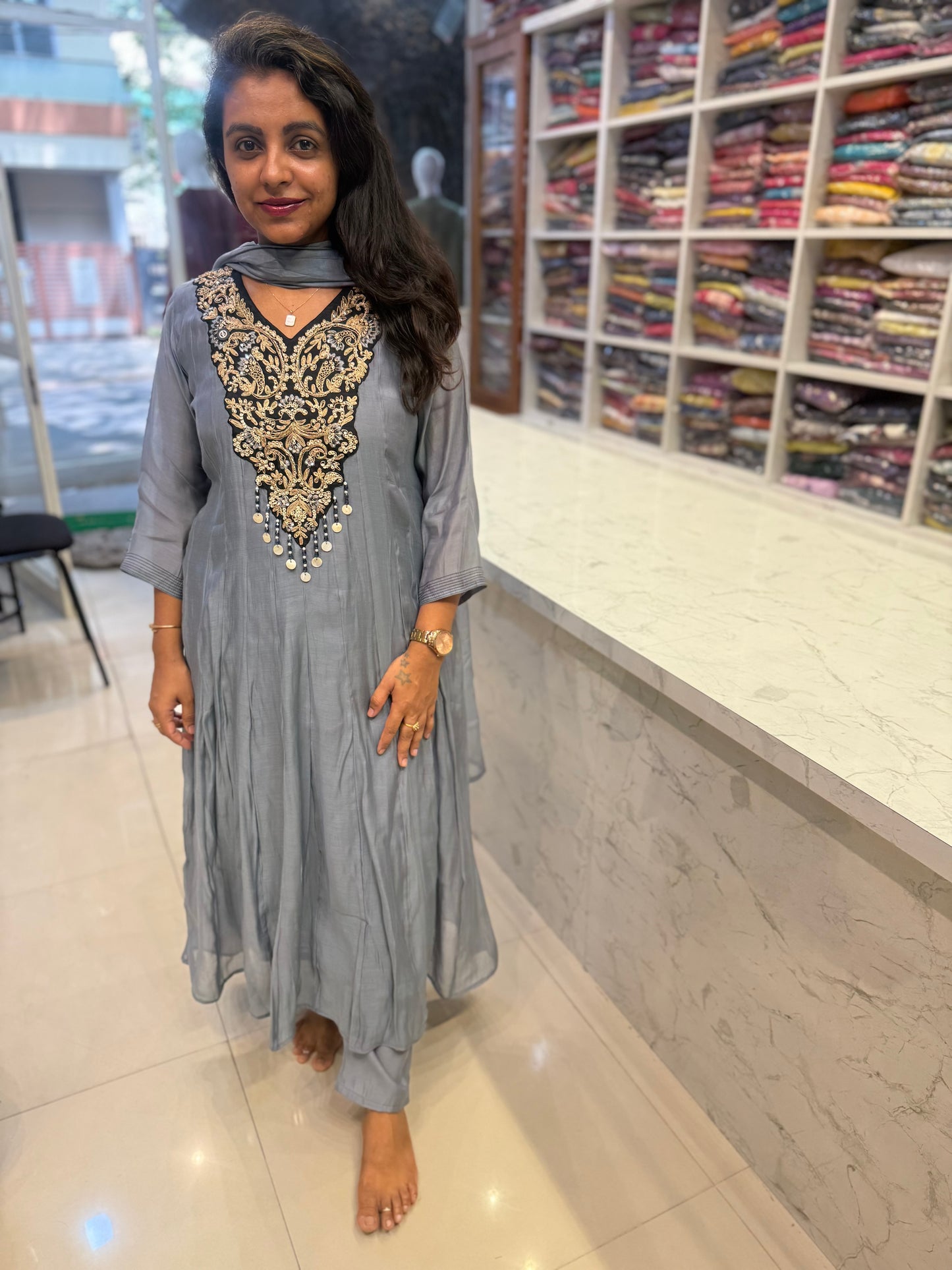Grey Mul Chanderi Handwork A-line Kurti With Pant and Dupatta-HSC83