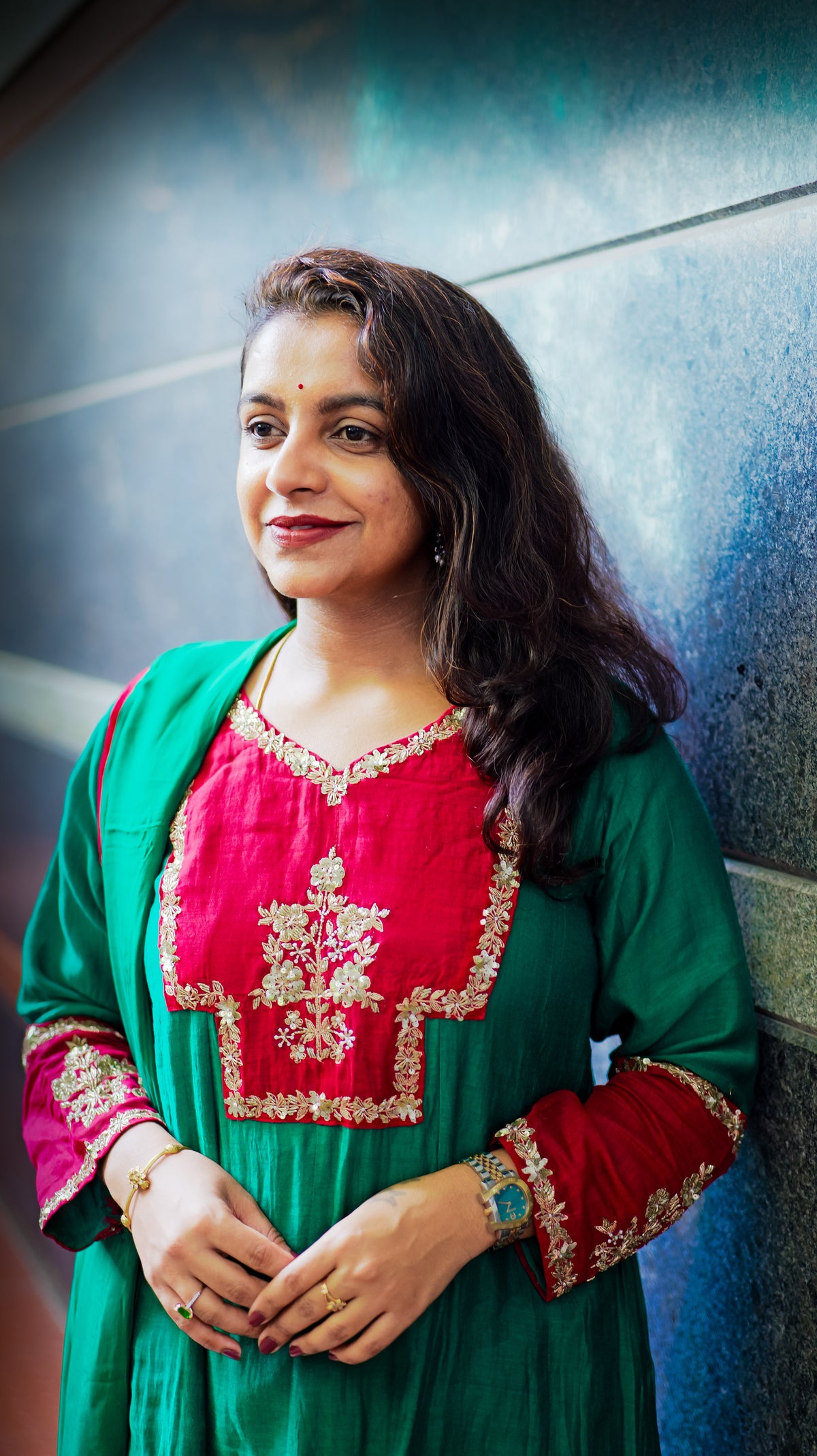 Green Pure Mul Chanderi Hand Embroidery A-line Kurti With Pant and Dupatta -HSC1218