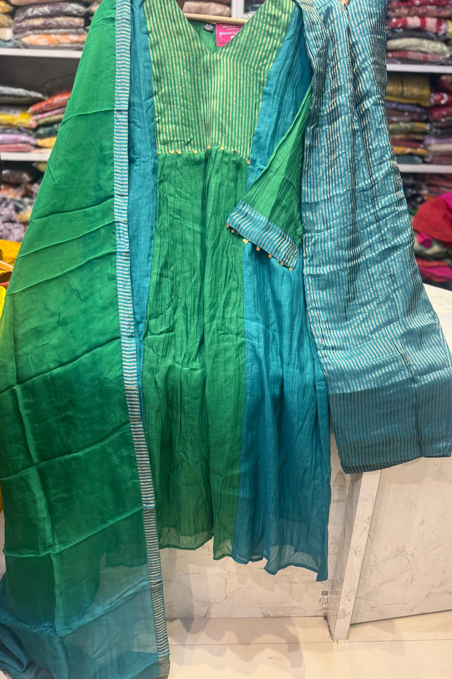Green and Blue Pure Banarasi Mul Chanderi Kurti With Pant and Dupatta