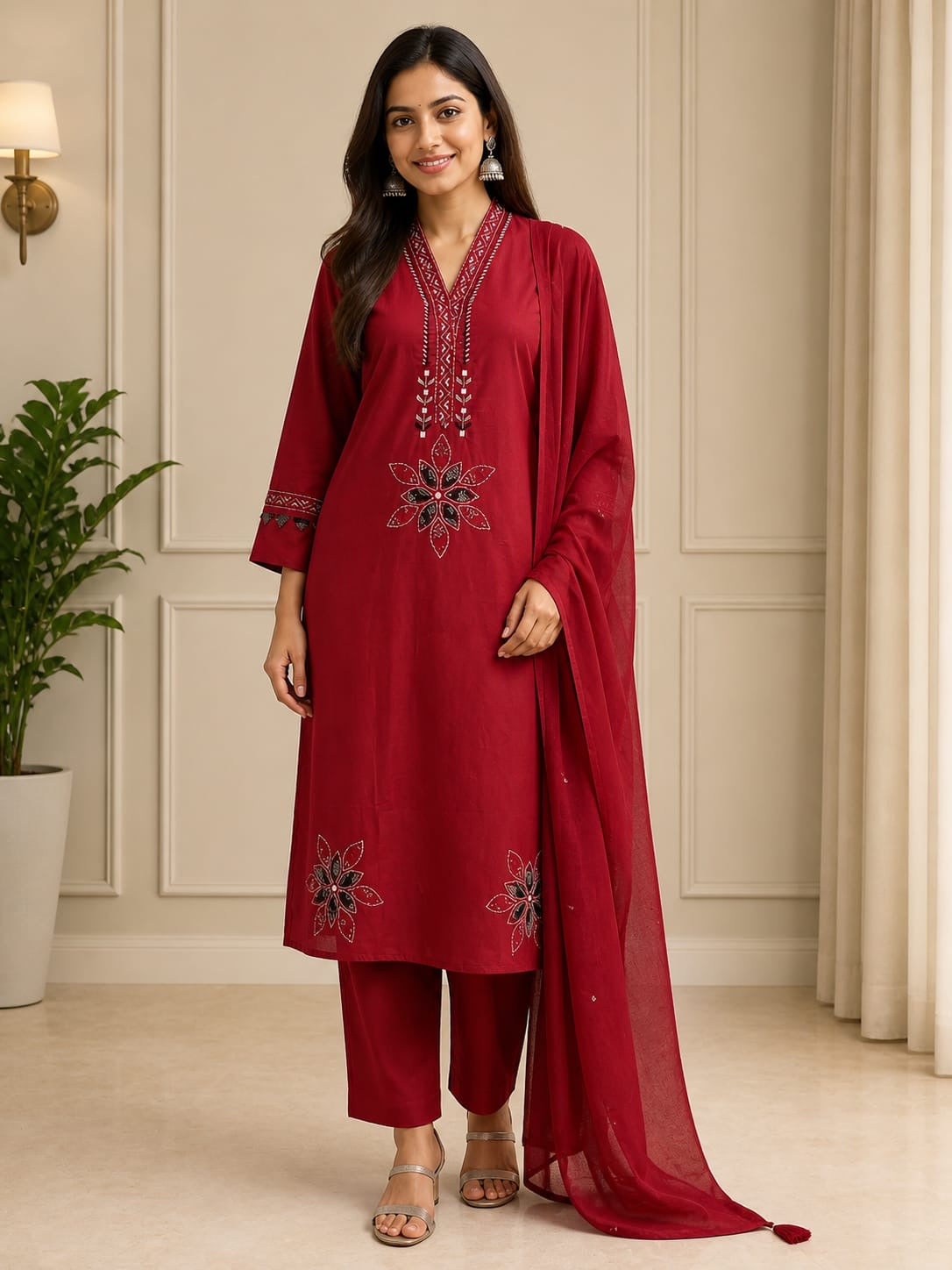 Brown Applique Work Pure Cotton Kurti With Pant and Dupatta-HSC130
