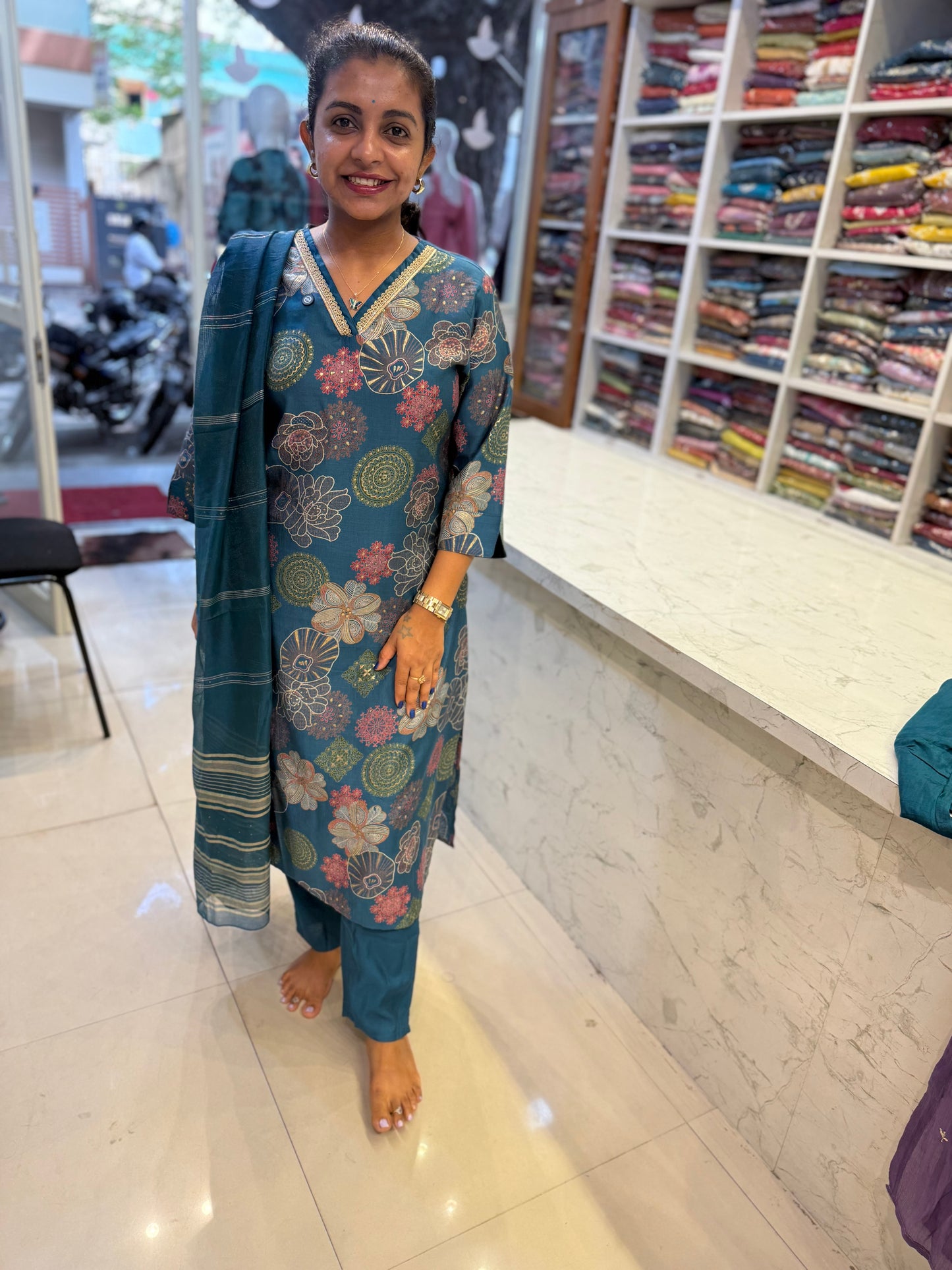 Printed Blue V neck Kurti With Pant and Dupatta