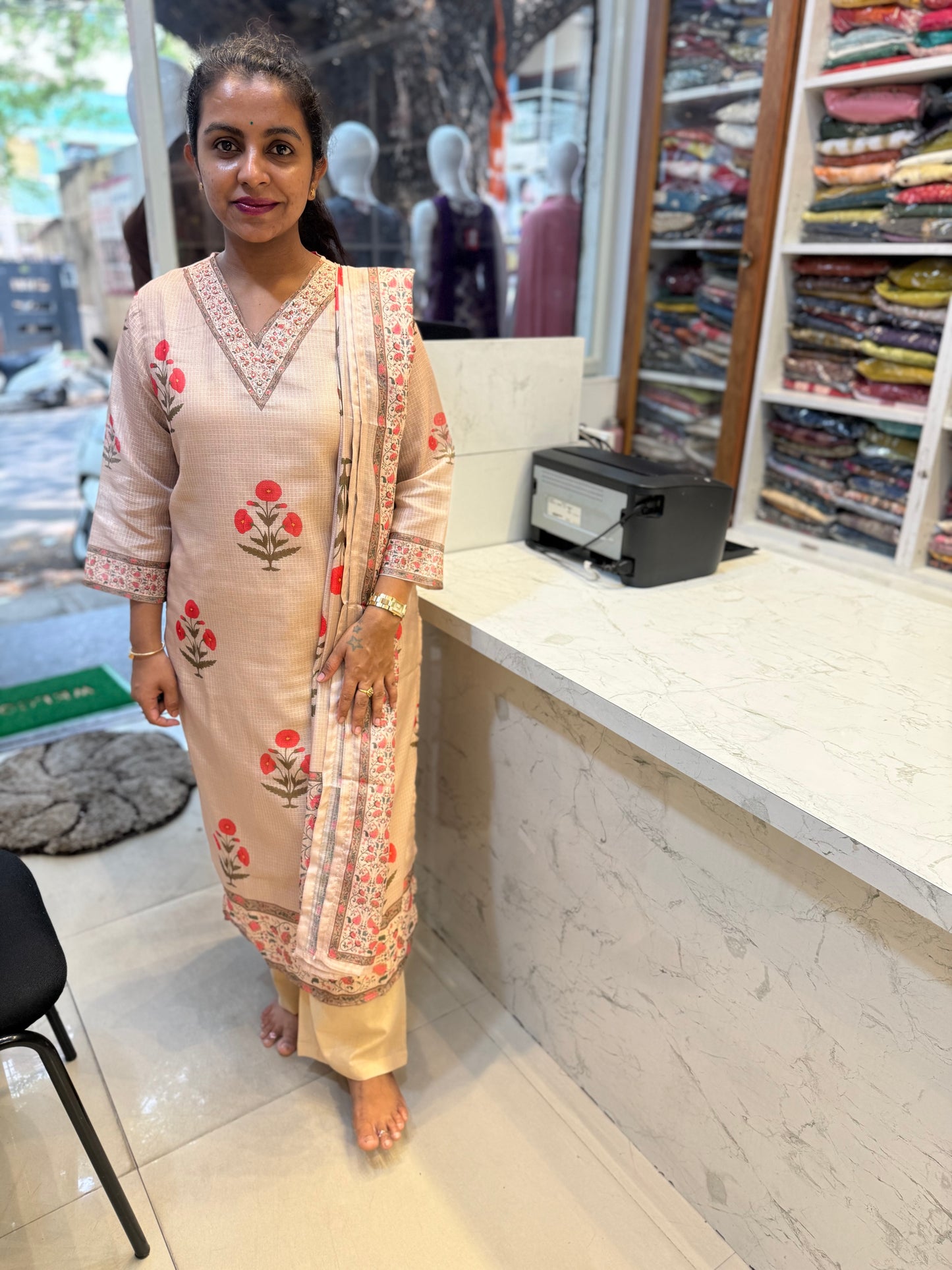 Premium Beige Kota Doria Printed Kurti with Pant and Dupatta-HSC99