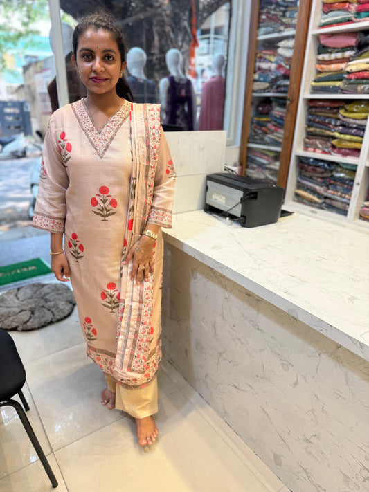 Premium Beige Kota Doria Printed Kurti with Pant and Dupatta-HSC99