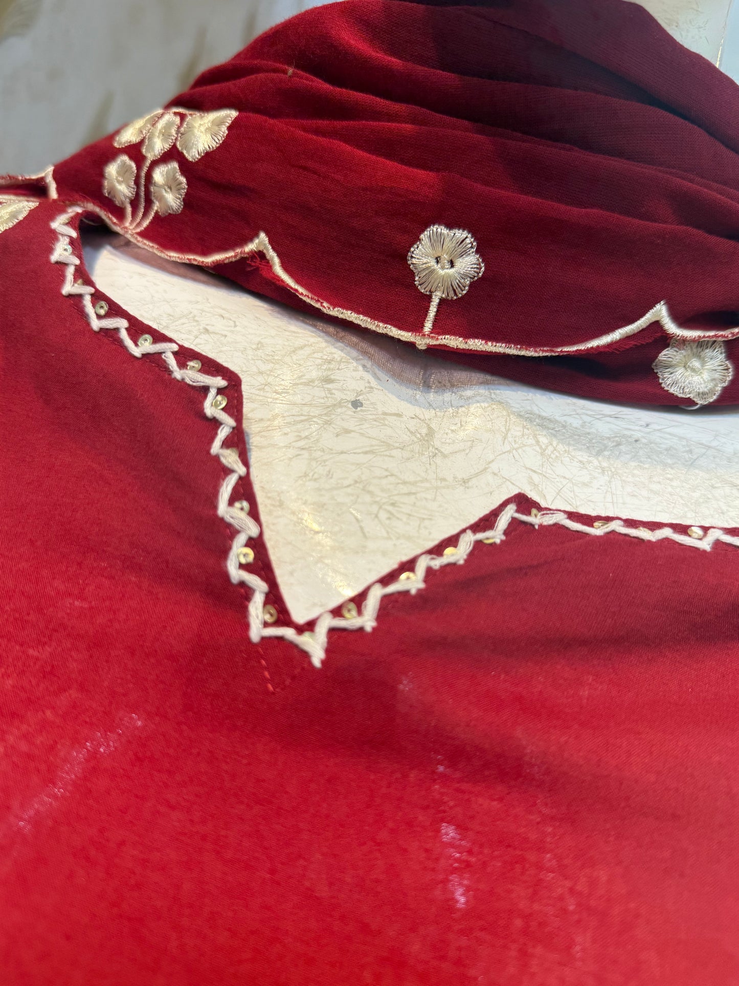 Embroidery Work kurti with Pant and Scallop Cut Work Dupatta