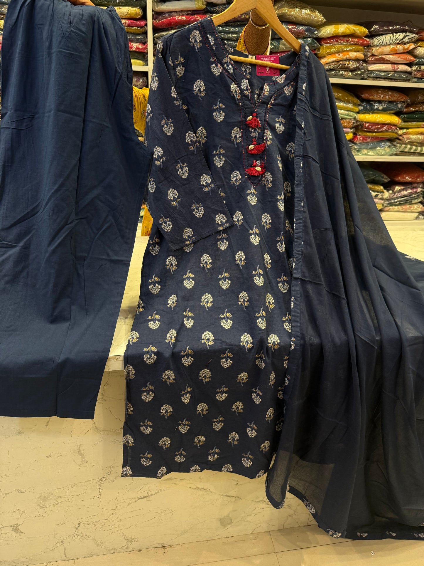 Indigo Pure Cotton Applique Kurti With Pant and Dupatta